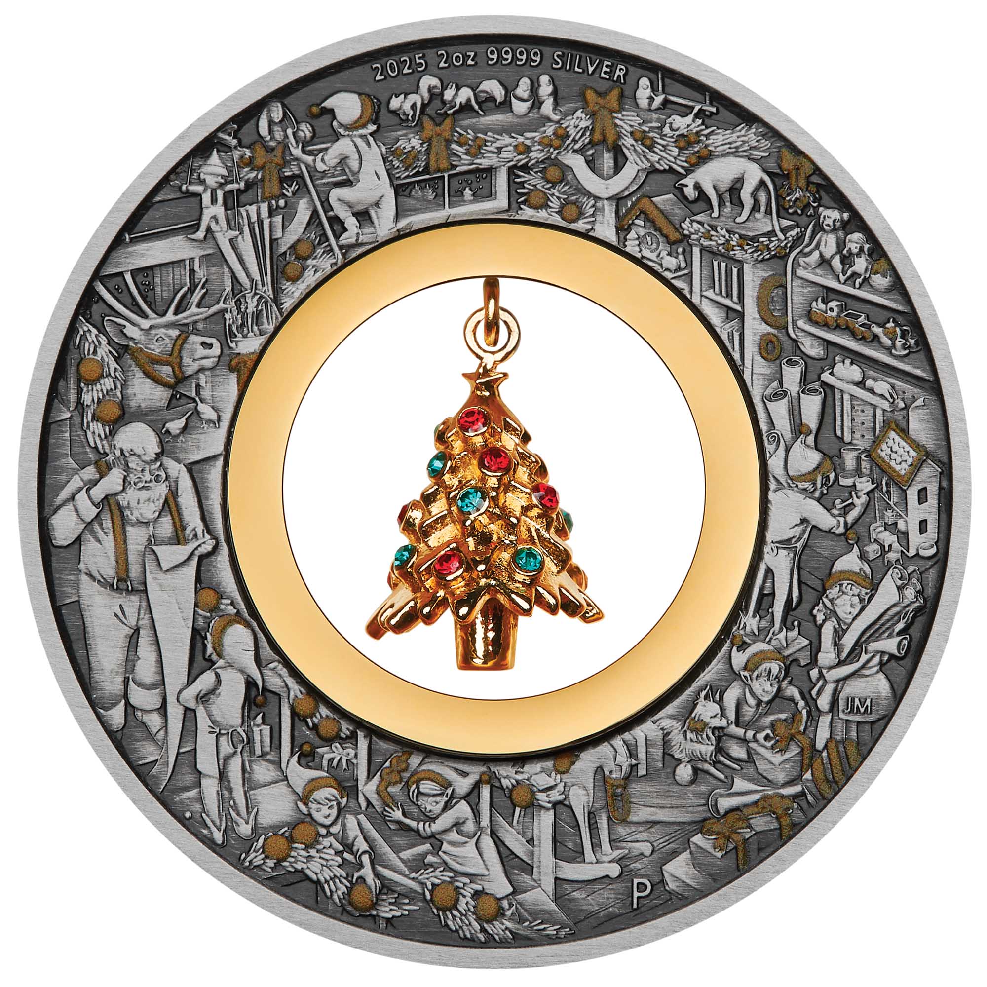 02 Santa’s Workshop 2025 2oz Silver Antiqued Coloured Coin straight on HighRes