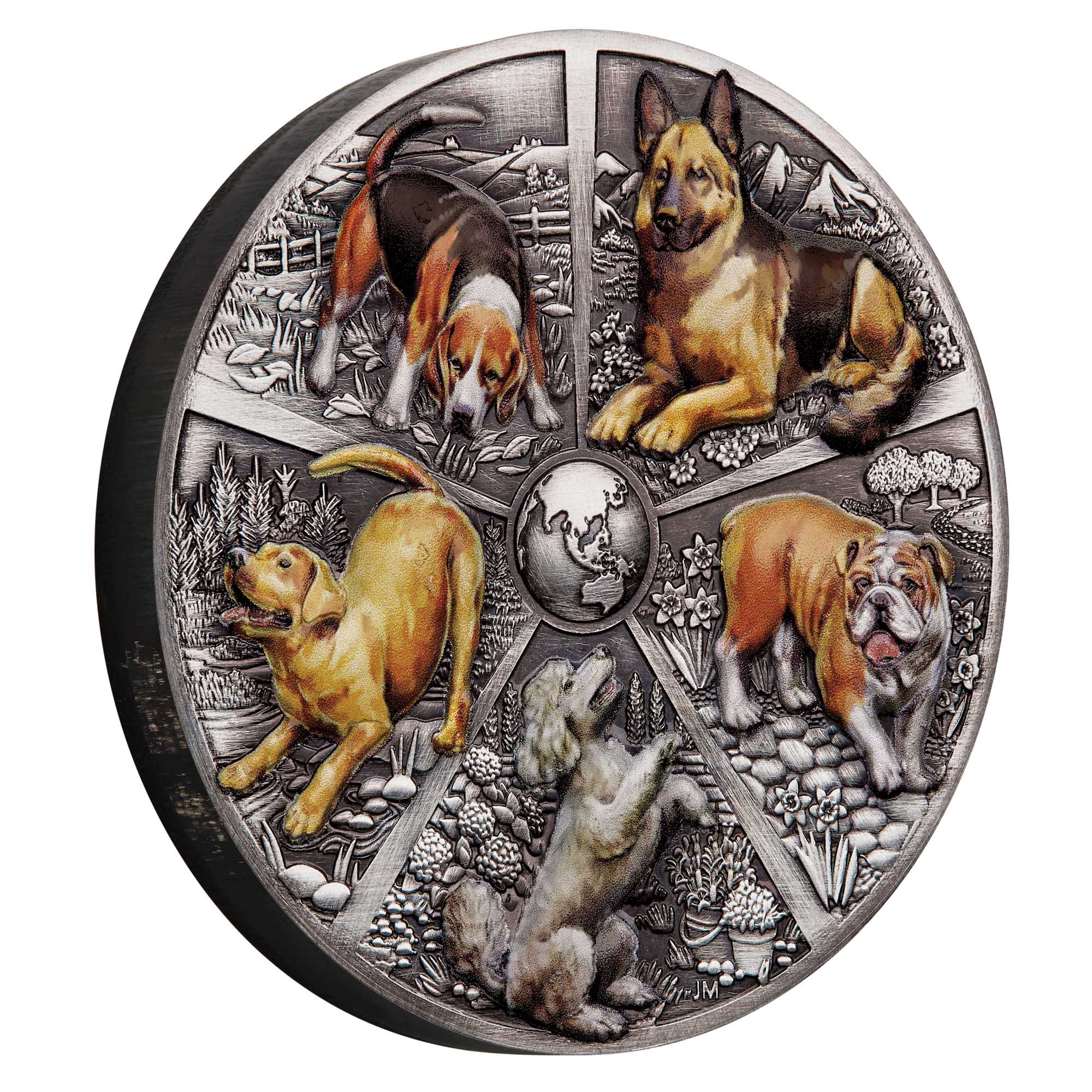 01 World Popular Dogs 2025 5oz Silver Antiqued Coloured Coin on edge HighRes