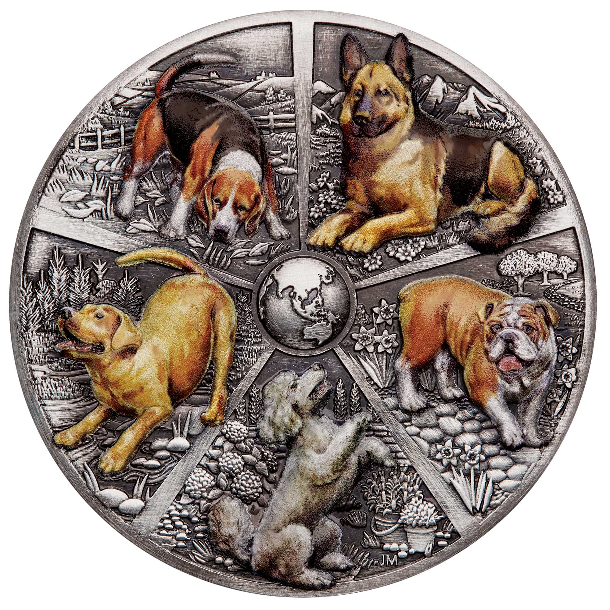 02 World Popular Dogs 2025 5oz Silver Antiqued Coloured Coin straight on HighRes