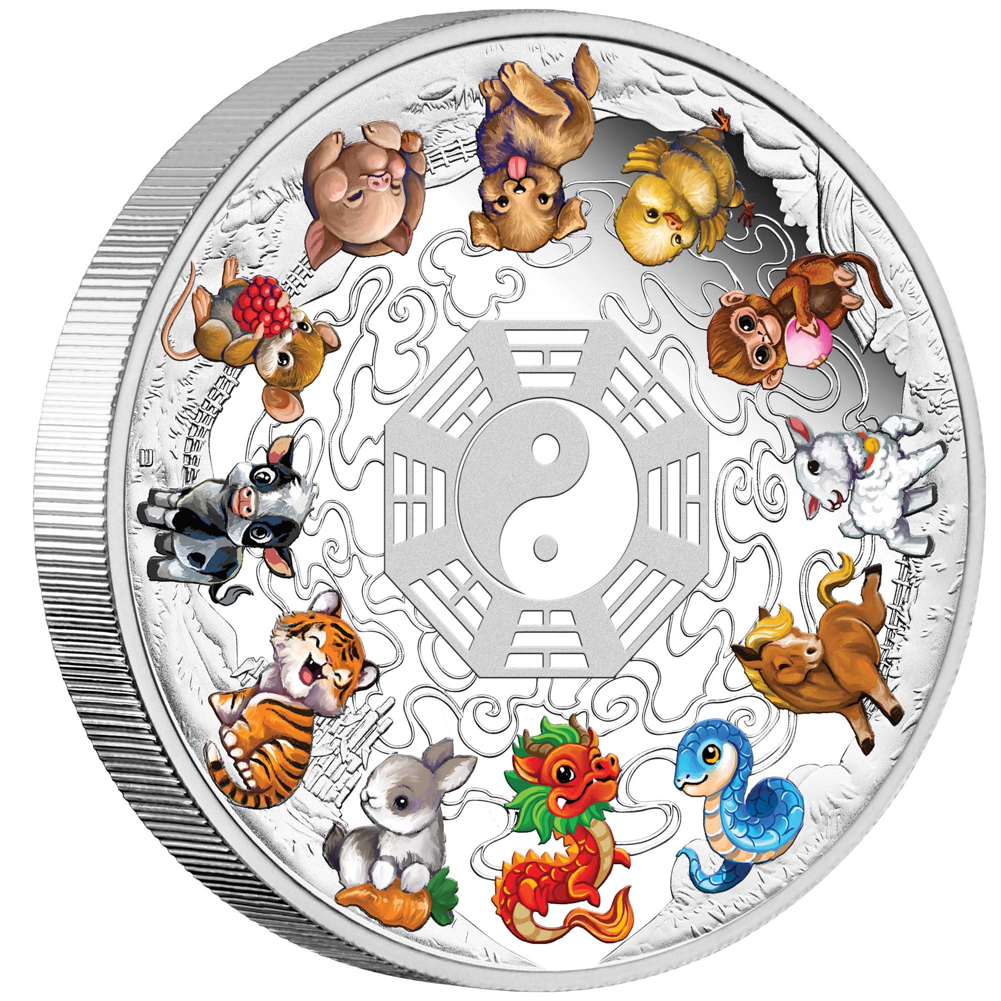 01 Twelve Baby Lunar Animals 2025 5oz Silver Proof Coloured Coin on edge HighRes