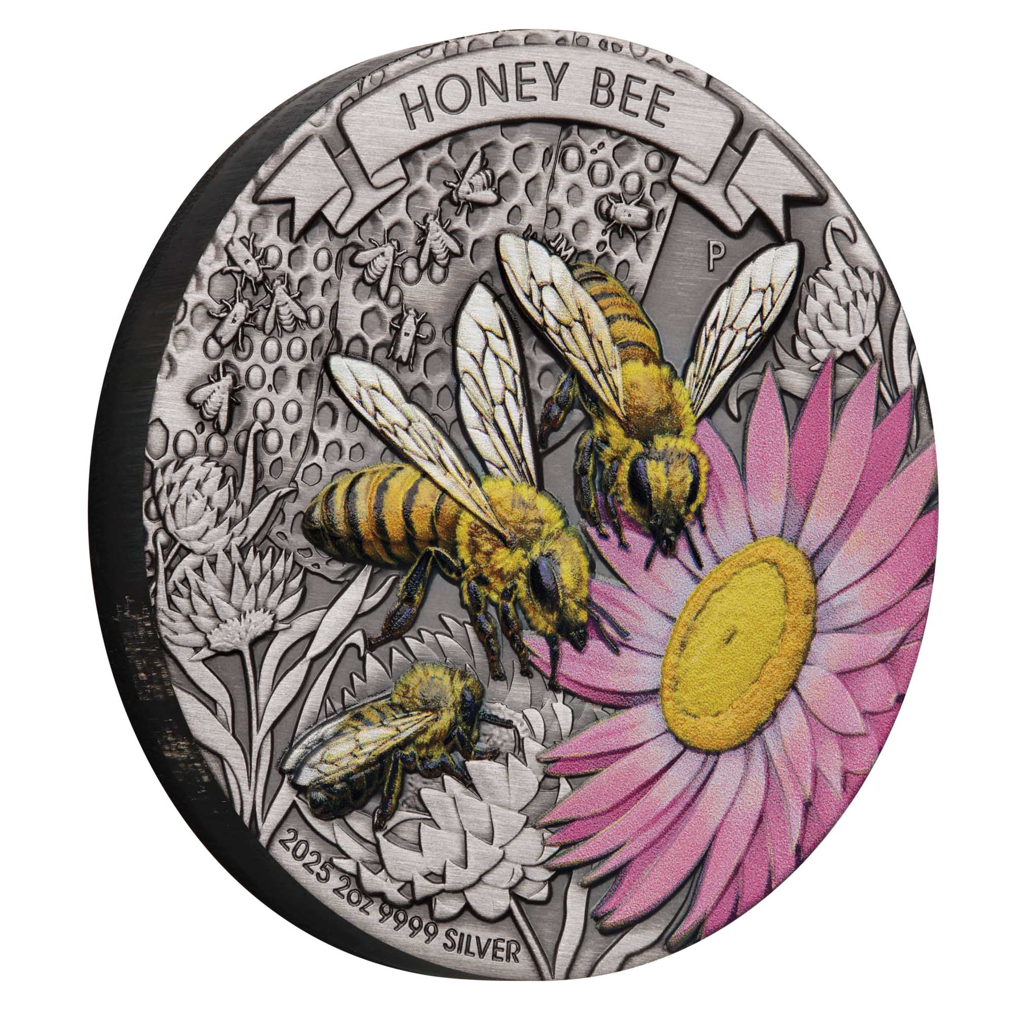 01 Honey Bee 2025 2oz Silver Antiqued Coloured Coin on edge HighRes