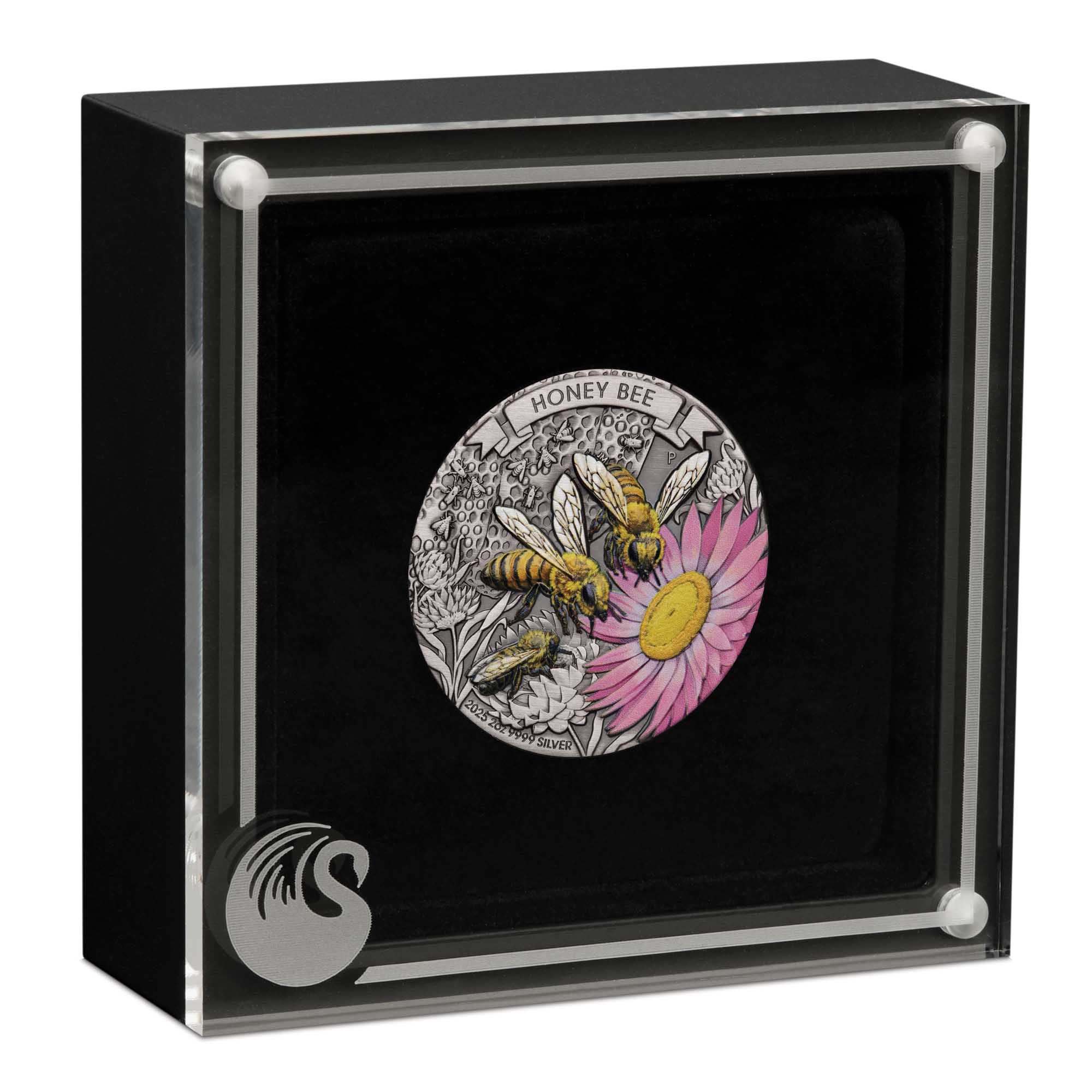 04 Honey Bee 2025 2oz Silver Antiqued Coloured Coin in case HighRes