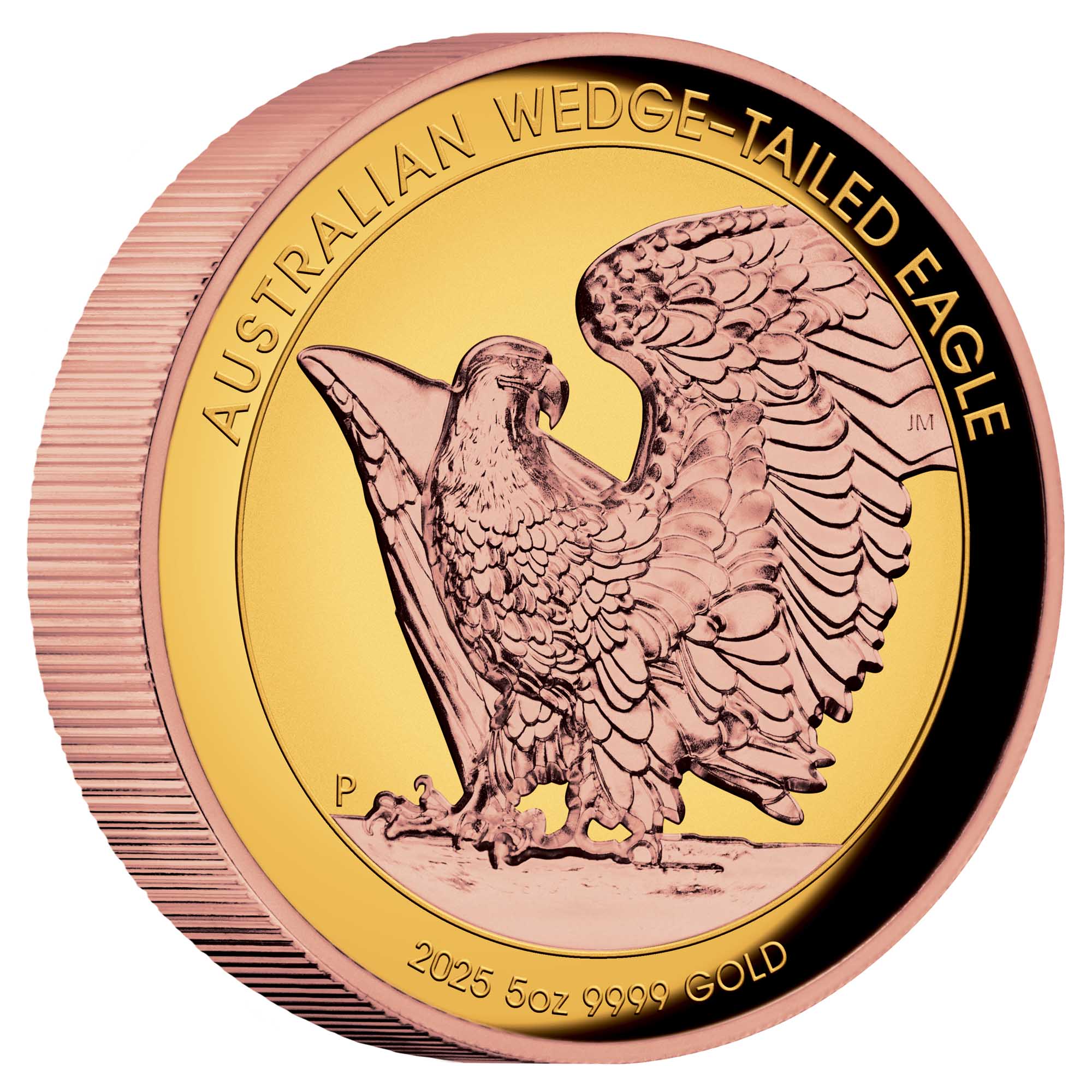11 2025 Wedge Tailed Eagle 5oz Yellow Gold Proof Rose Gold Gilded Ultra High Relief Coin on edge HighRes