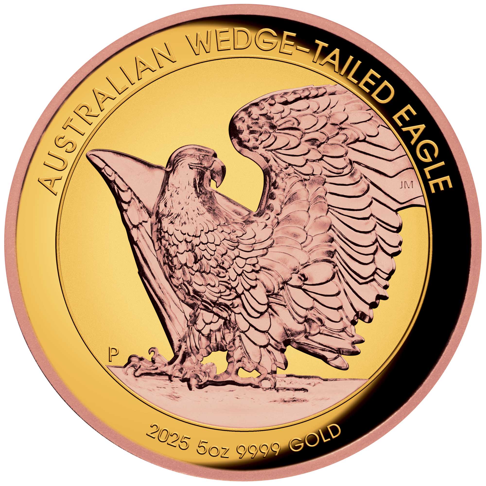 12 2025 Wedge Tailed Eagle 5oz Yellow Gold Proof Rose Gold Gilded Ultra High Relief Coin straight on HighRes