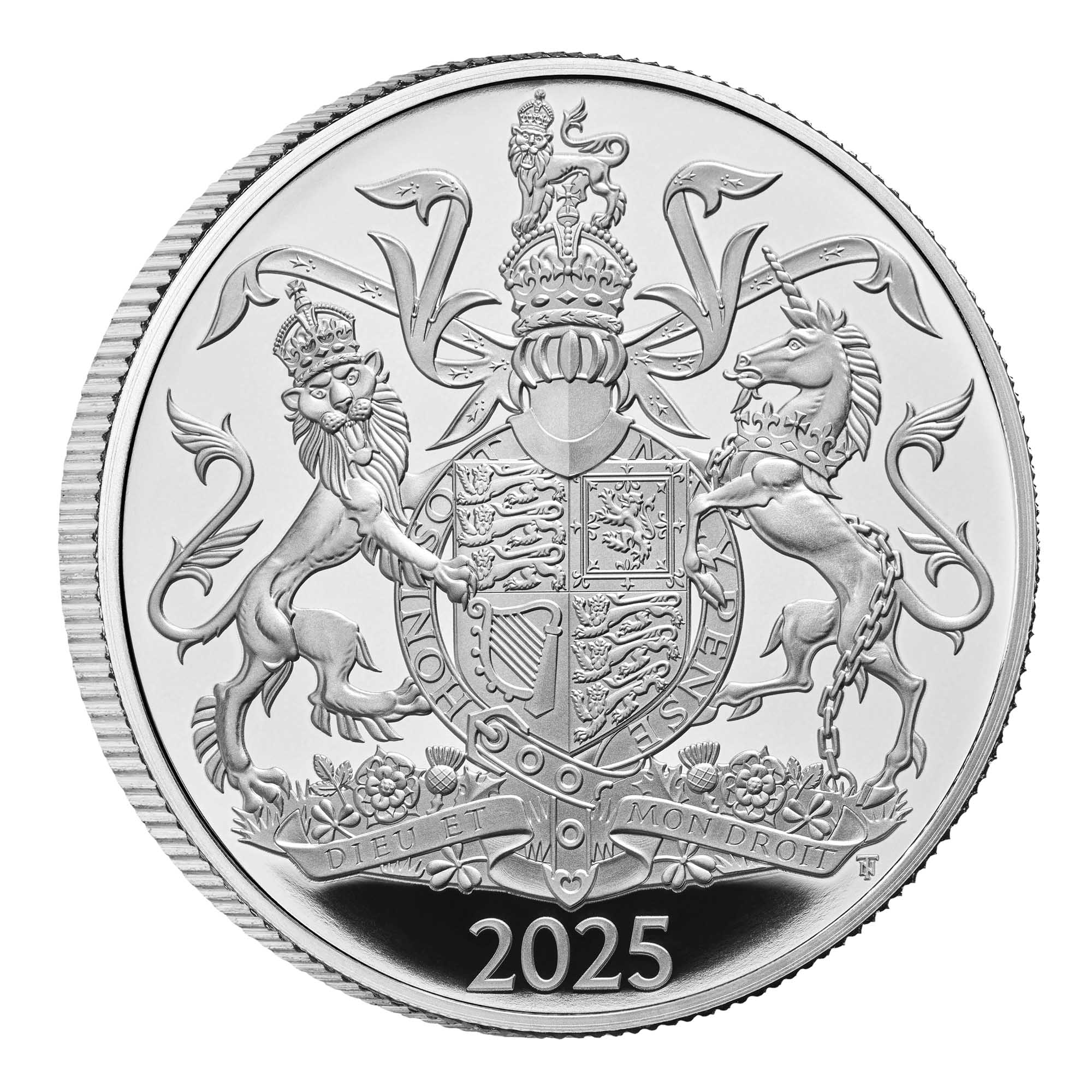 1 25X94BAA The Coat of Arms of HM King Charles III 2025 UK £5 Silver Proof Coin RevOnEdge