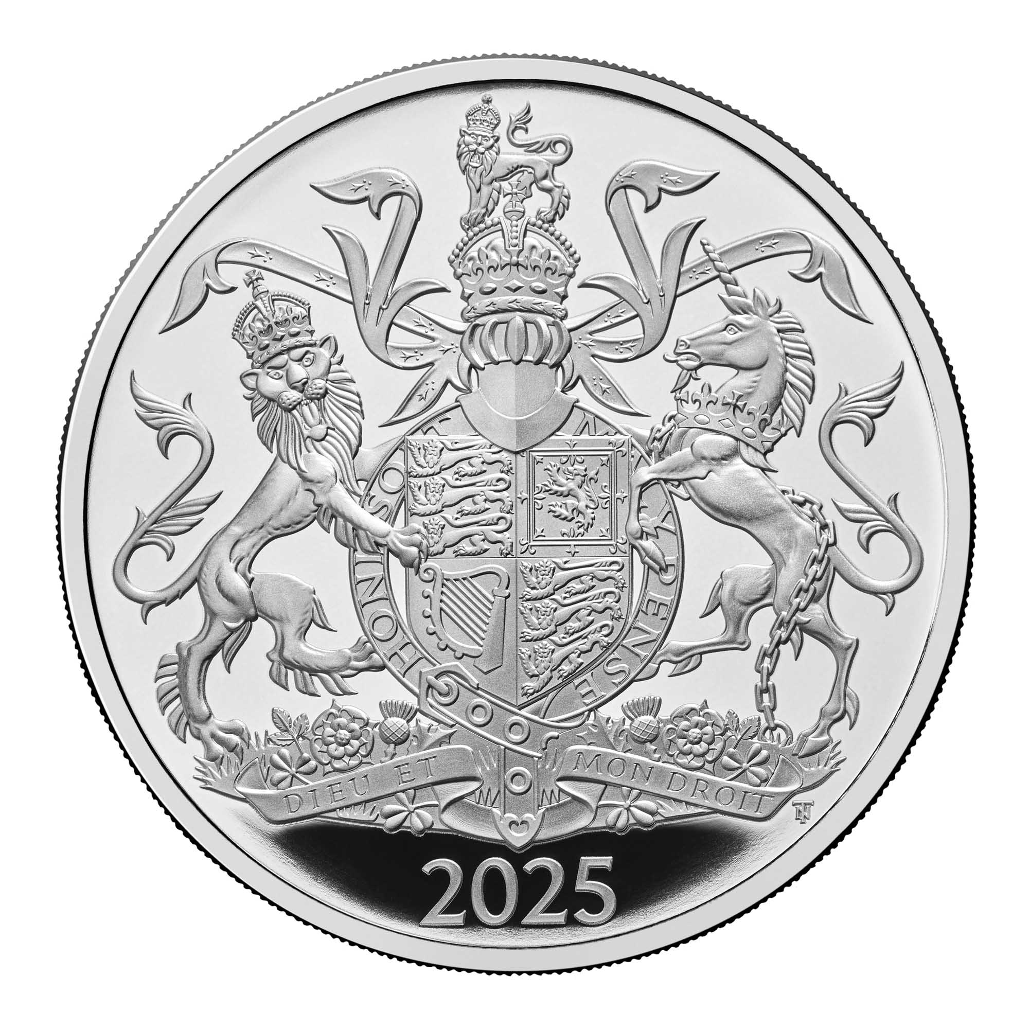 2 25X94BAA The Coat of Arms of HM King Charles III 2025 UK £5 Silver Proof Coin RevStraightOn