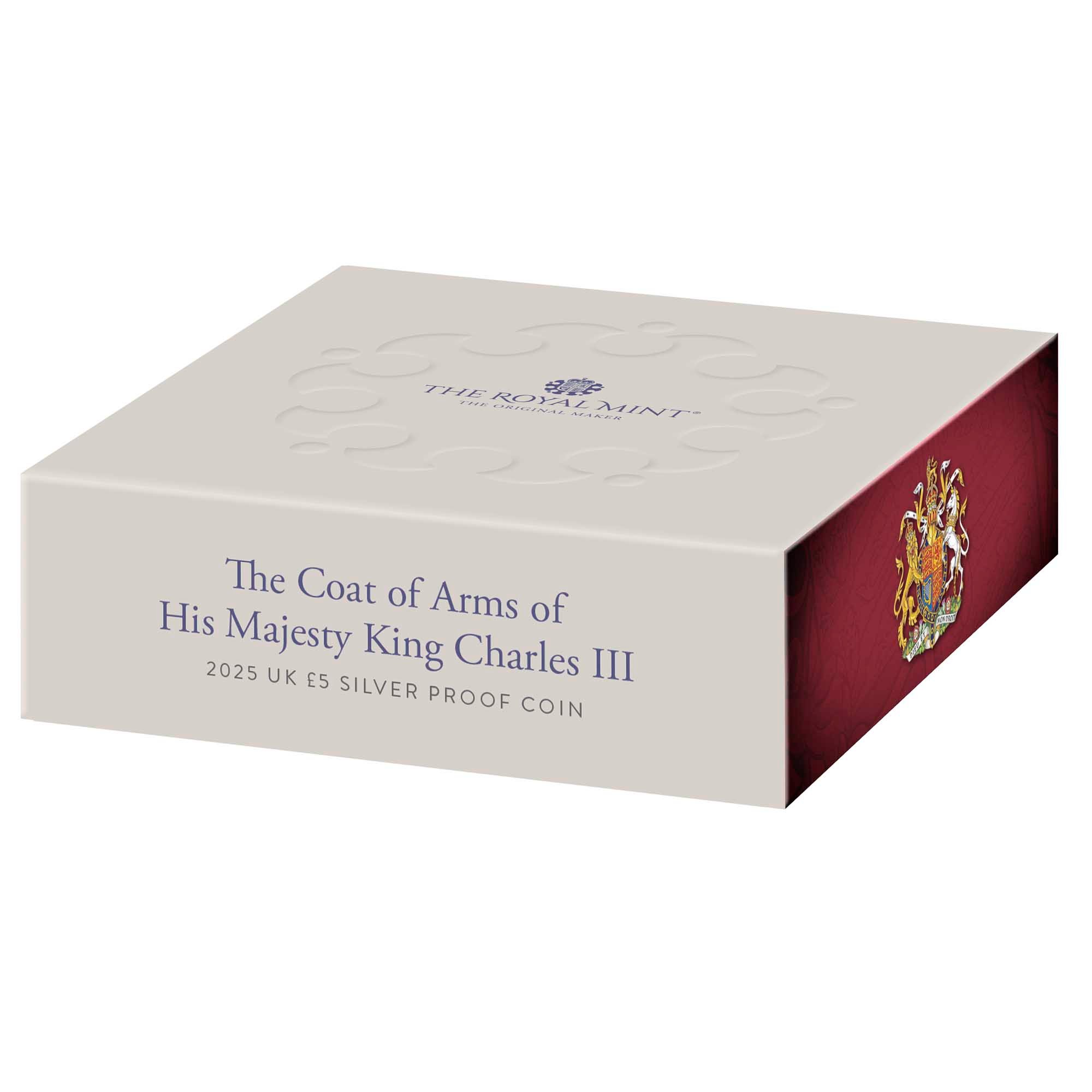6 25X94BAA The Coat of Arms of HM King Charles III 2025 UK £5 Silver Proof Coin InShipperFlat