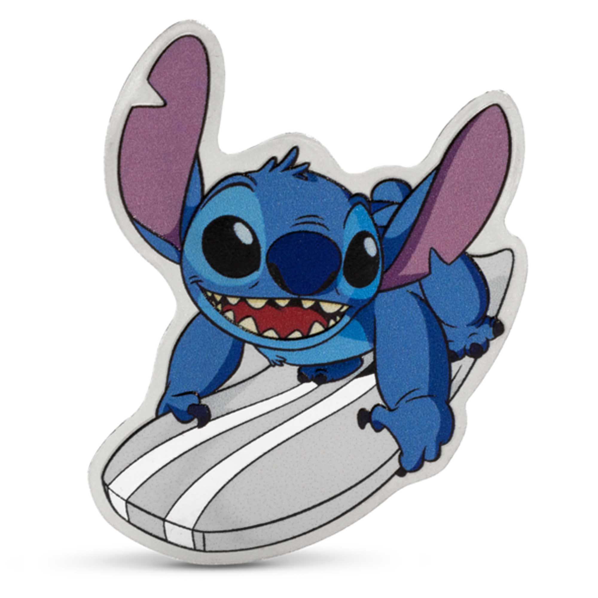 2 25Y11BAA Disney Stitch Surfs Up 2025 1oz Silver Proof Coloured Coin RevStraightOn