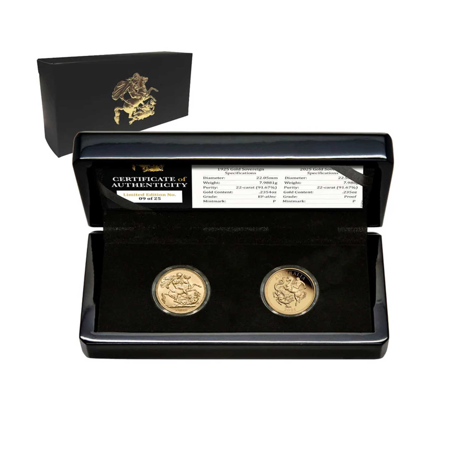 1 25Y46AAA 1925 2025 Perth Mint Gold Sovereign Centenary Pair InCase