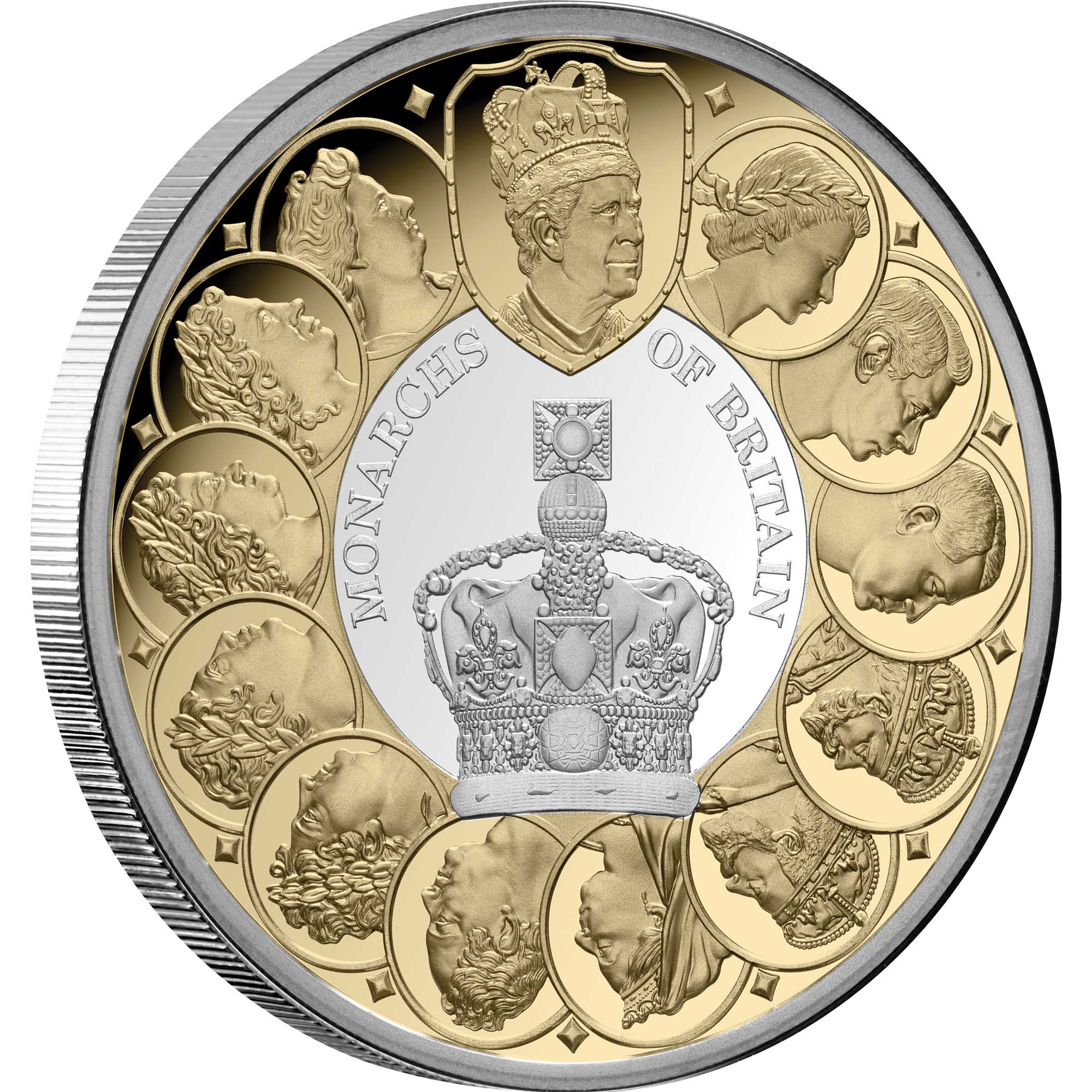 1 25Y61AAA Monarchs of Britain 2025 1oz Silver Proof Gold Plated Coin RevOnEdge