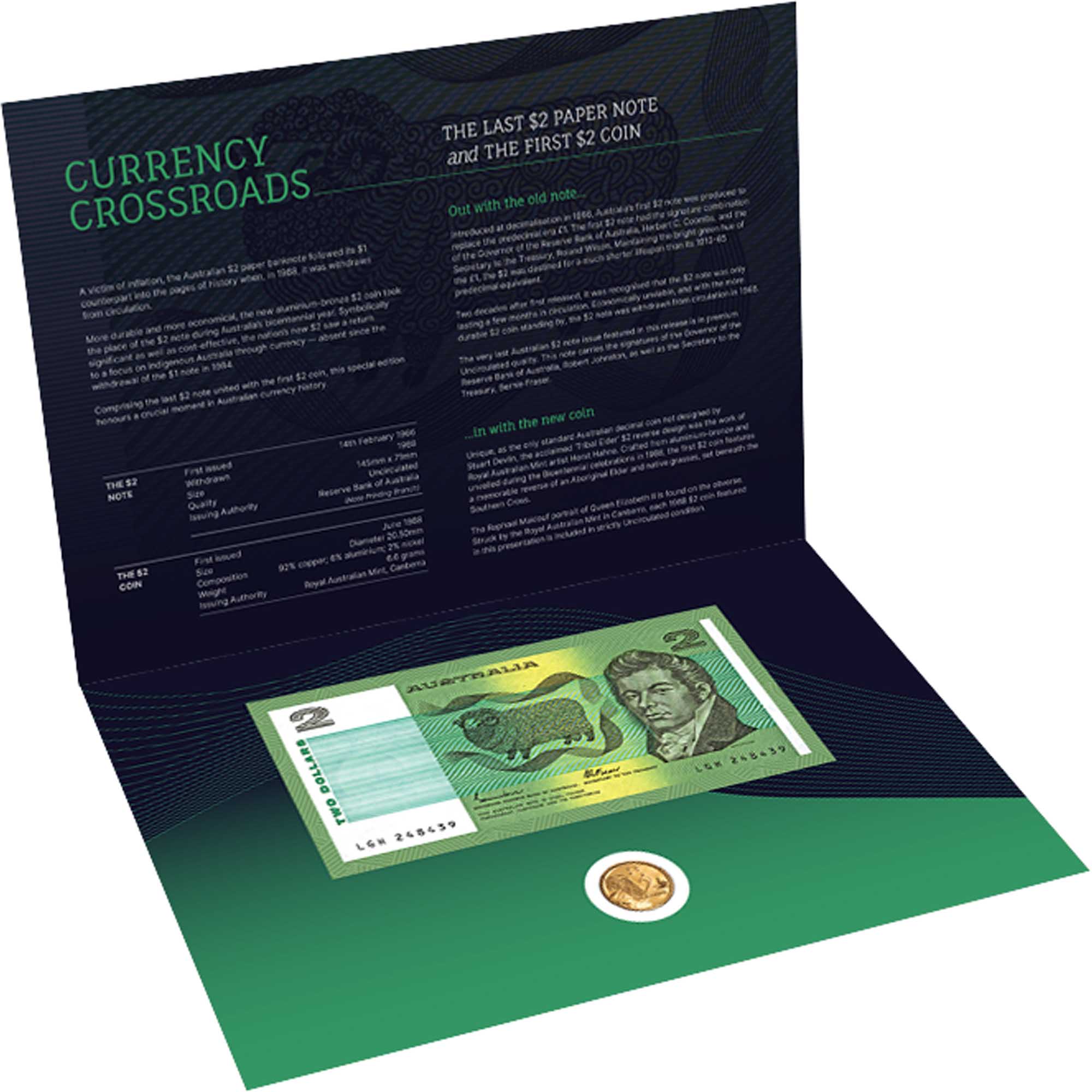 2 25Y81BAA Australia 2 Dollar Last Note and First Coin Uncirculated Pack InCardOpen