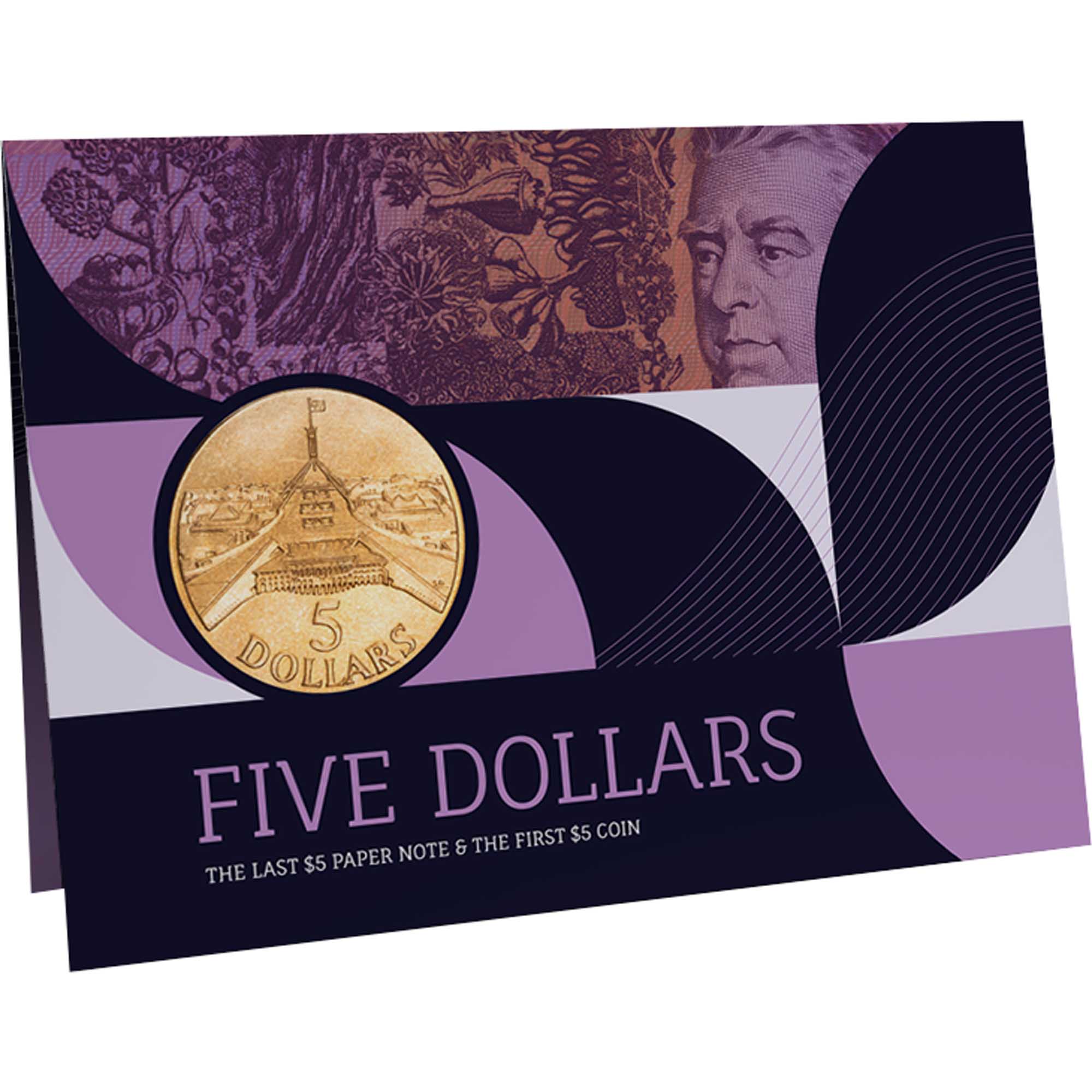 1 25Y81CAA Australia 5 Dollar Last Note and First Coin Uncirculated Pack InCard