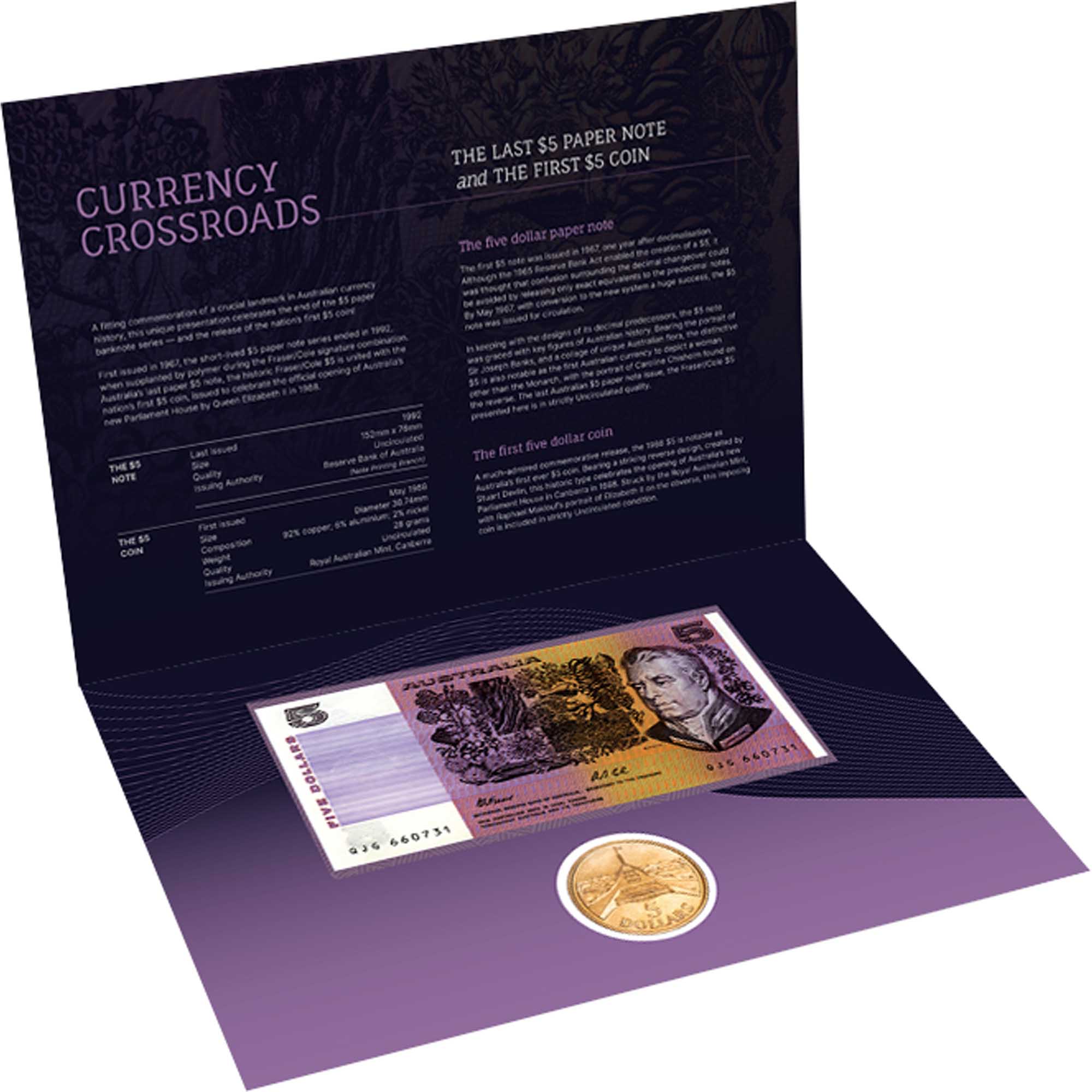 2 25Y81CAA Australia 5 Dollar Last Note and First Coin Uncirculated Pack InCardOpen