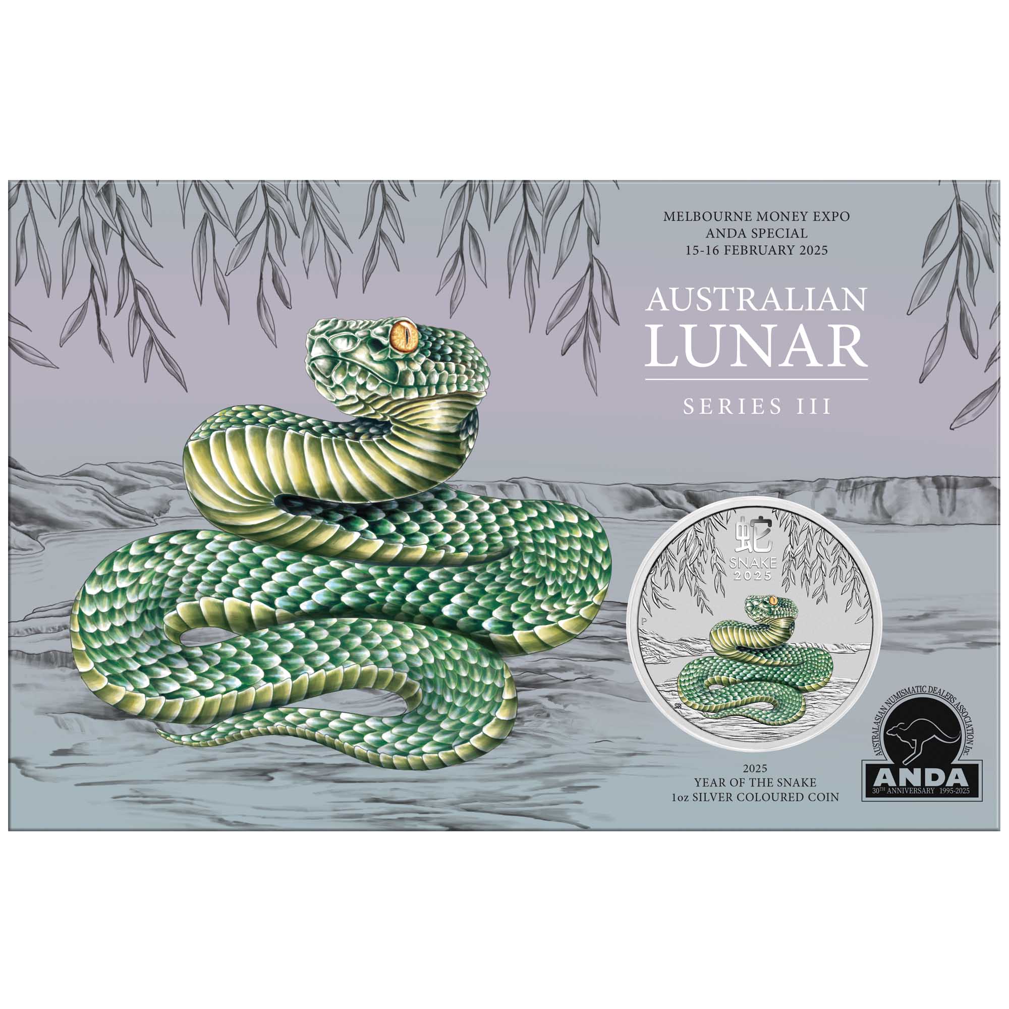 03 2025 Melbourne Money Expo ANDA Special YOT Snake 1oz Silver Coloured Coin In Card Front HighRes