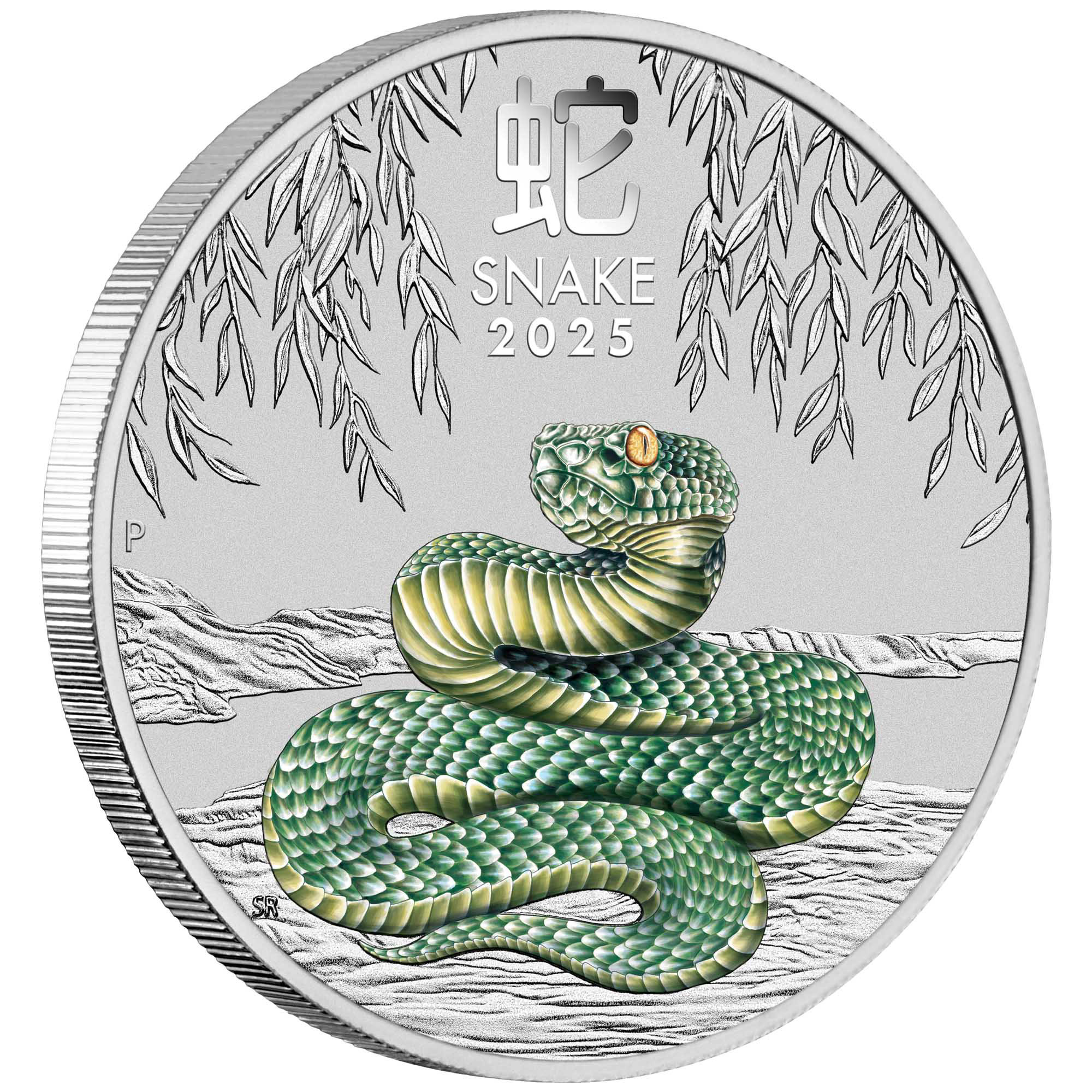 04 2025 Melbourne Money Expo ANDA Special YOT Snake 1oz Silver Coloured Coin on edge HighRes
