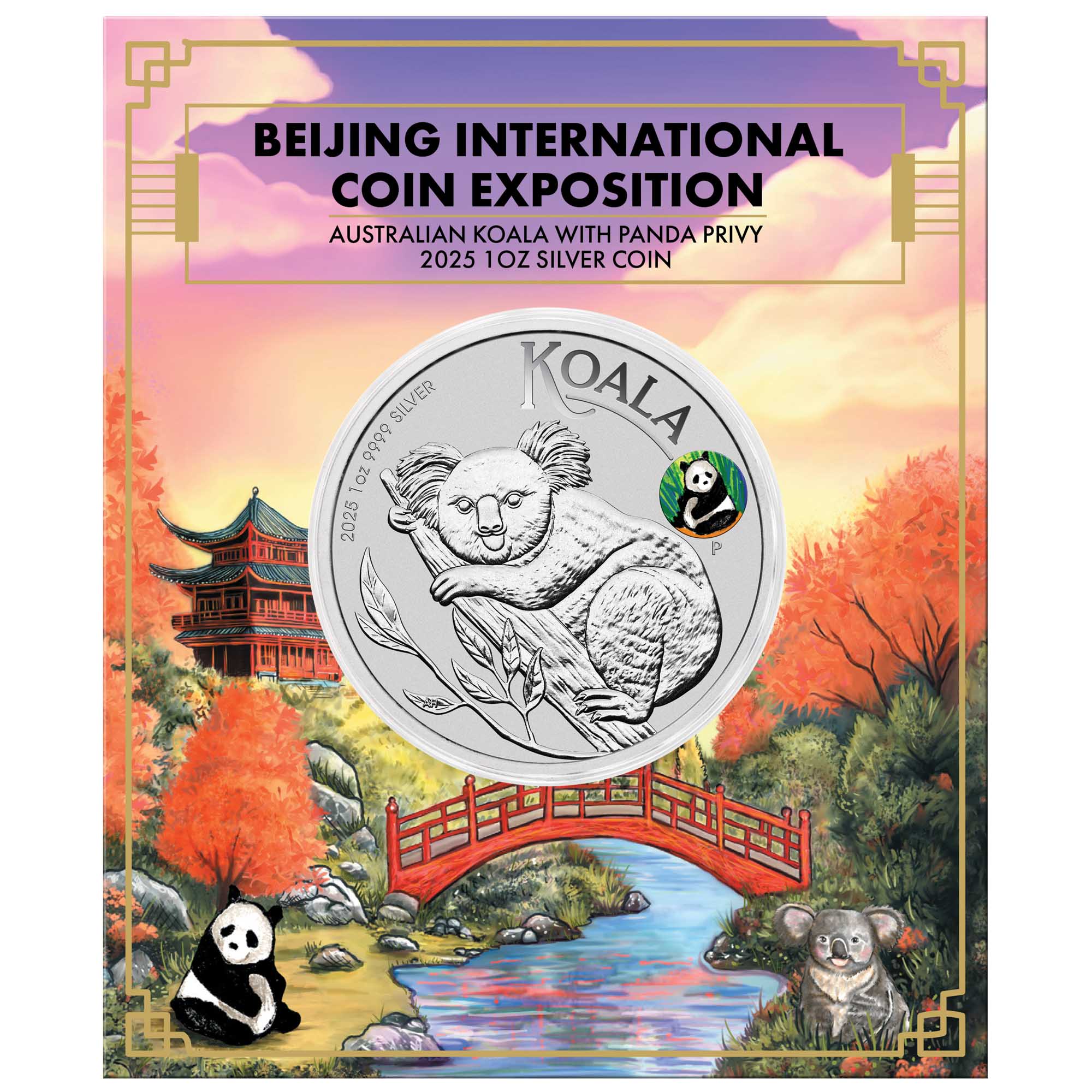 01 BEIJING Show Special 2025 Australian Koala 1oz Silver Coloured Coin with Panda Privy In Card Reverse In Card Front HighRes