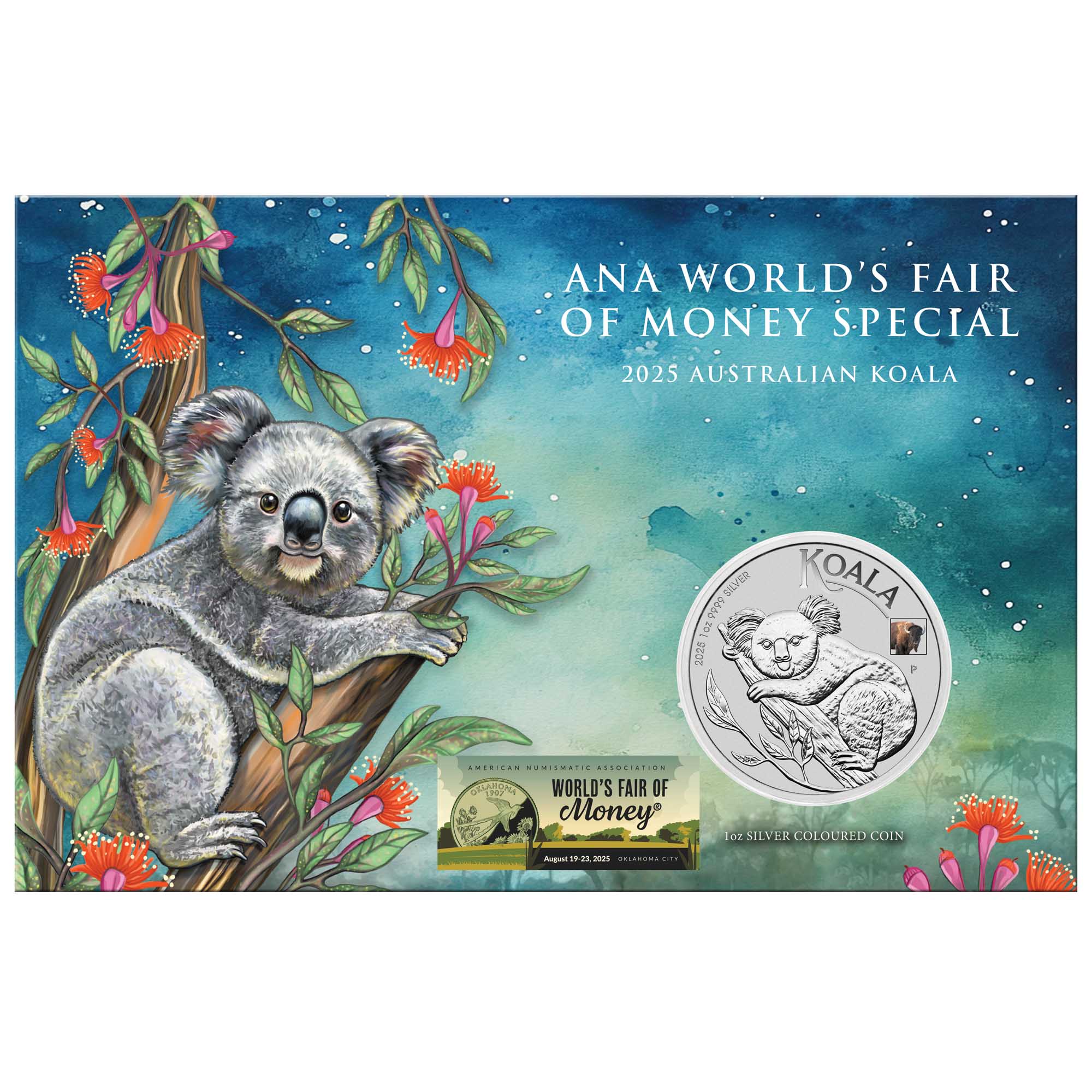 01 ANA Show Special 2025 Australian Koala 1oz Silver Coloured Coin with Bison Privy In Card Reverse In Card Front HighRes