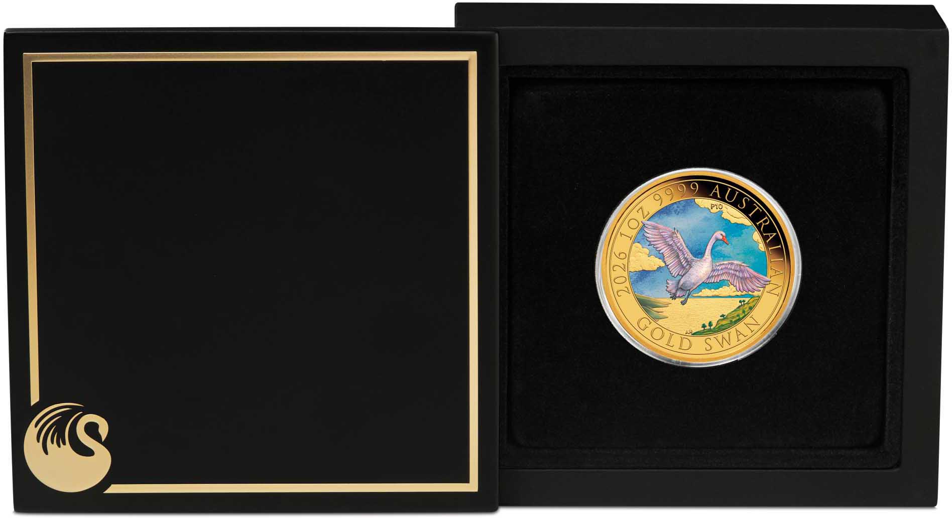05 3852   2026 Swan 1oz Gold Bullion Coloured Coin in case trim