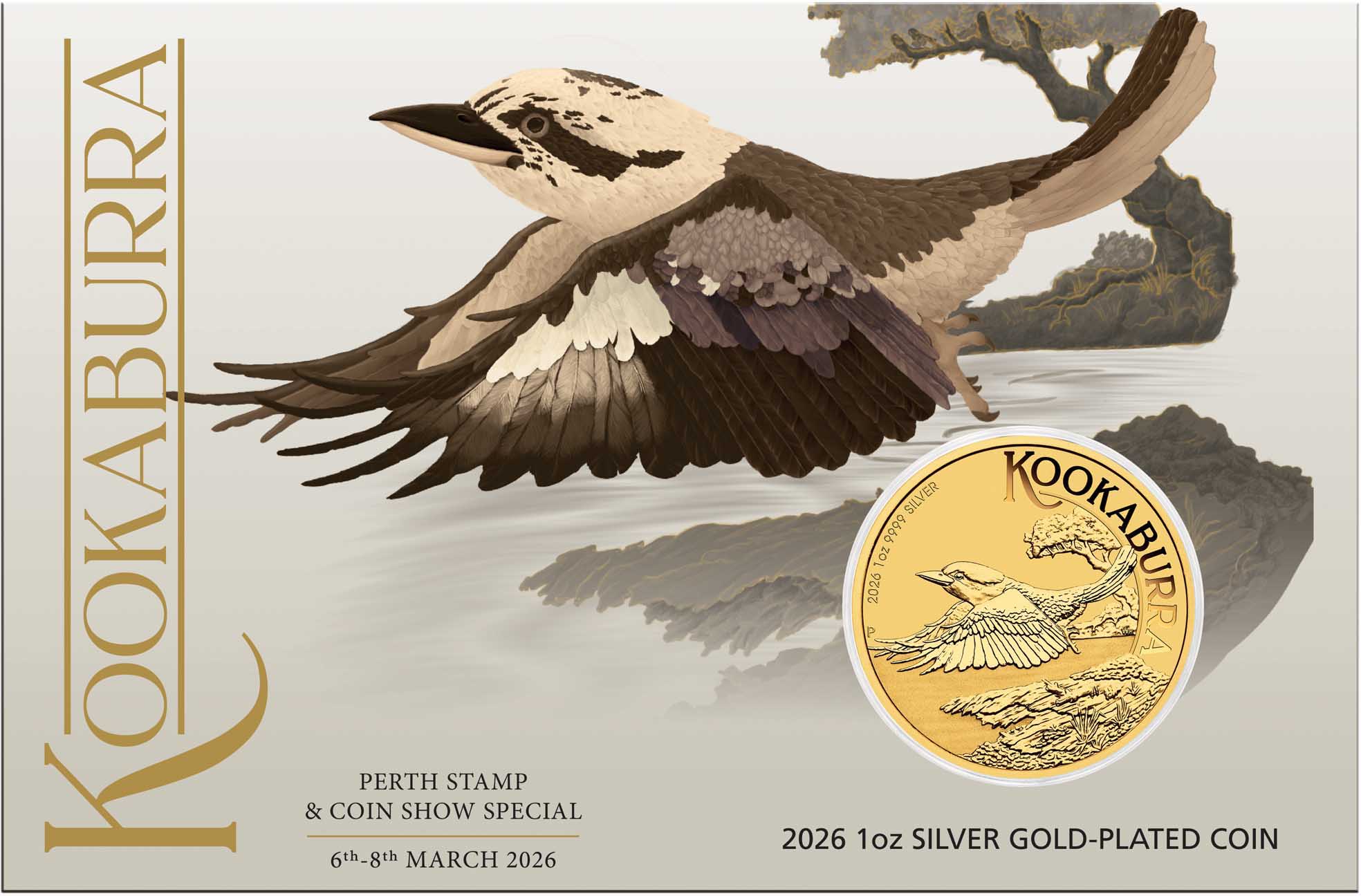 06 4022 Perth Stamp and Coin Show Special Australian Kookaburra 2026 1oz Silver Gold Plated Coin in card front CROPPED