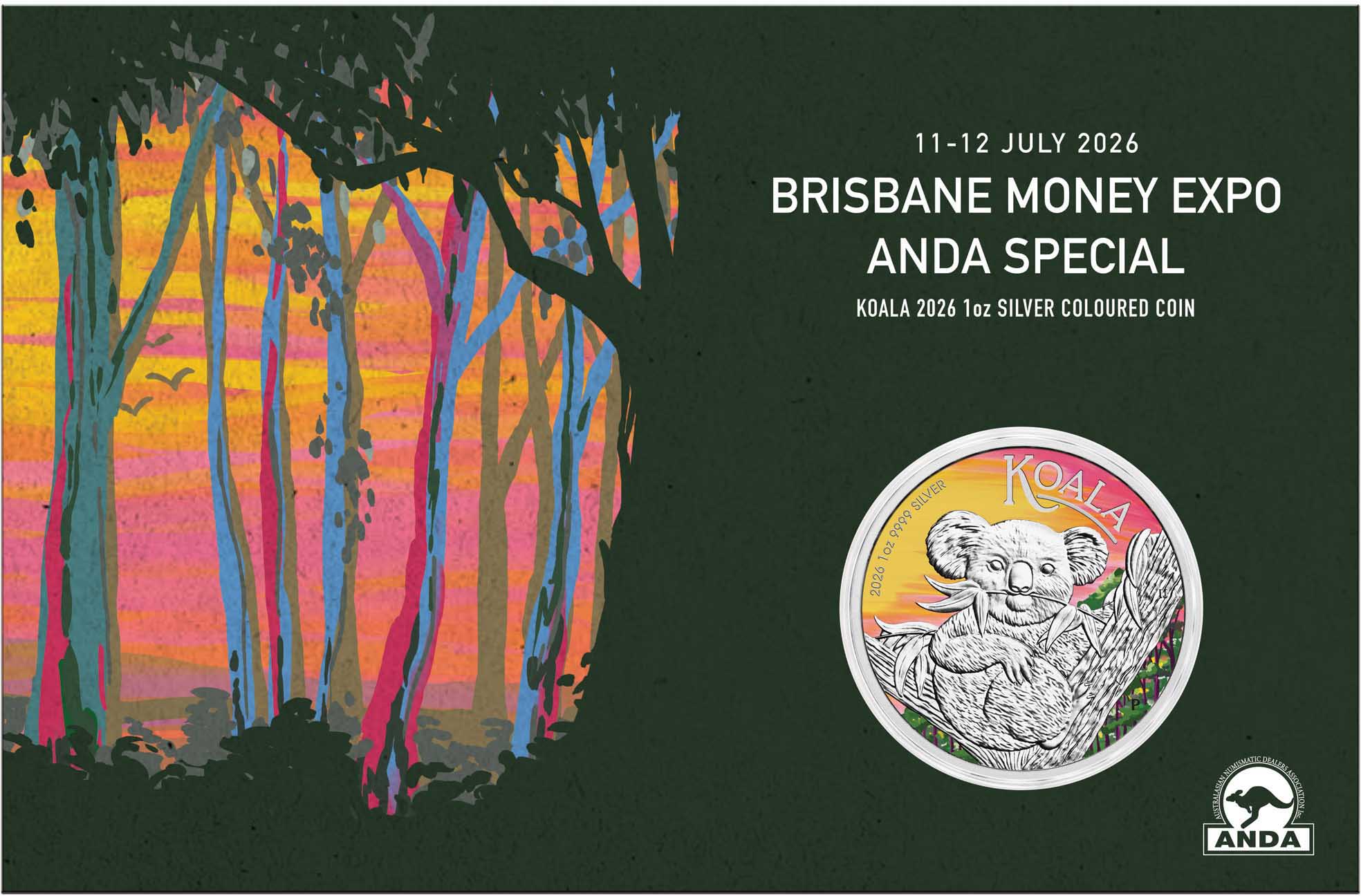 TRIM Brisbane ANDA Show Special 2026 Koala 1oz Silver Coloured Coin In Card  Reverse In Card Front