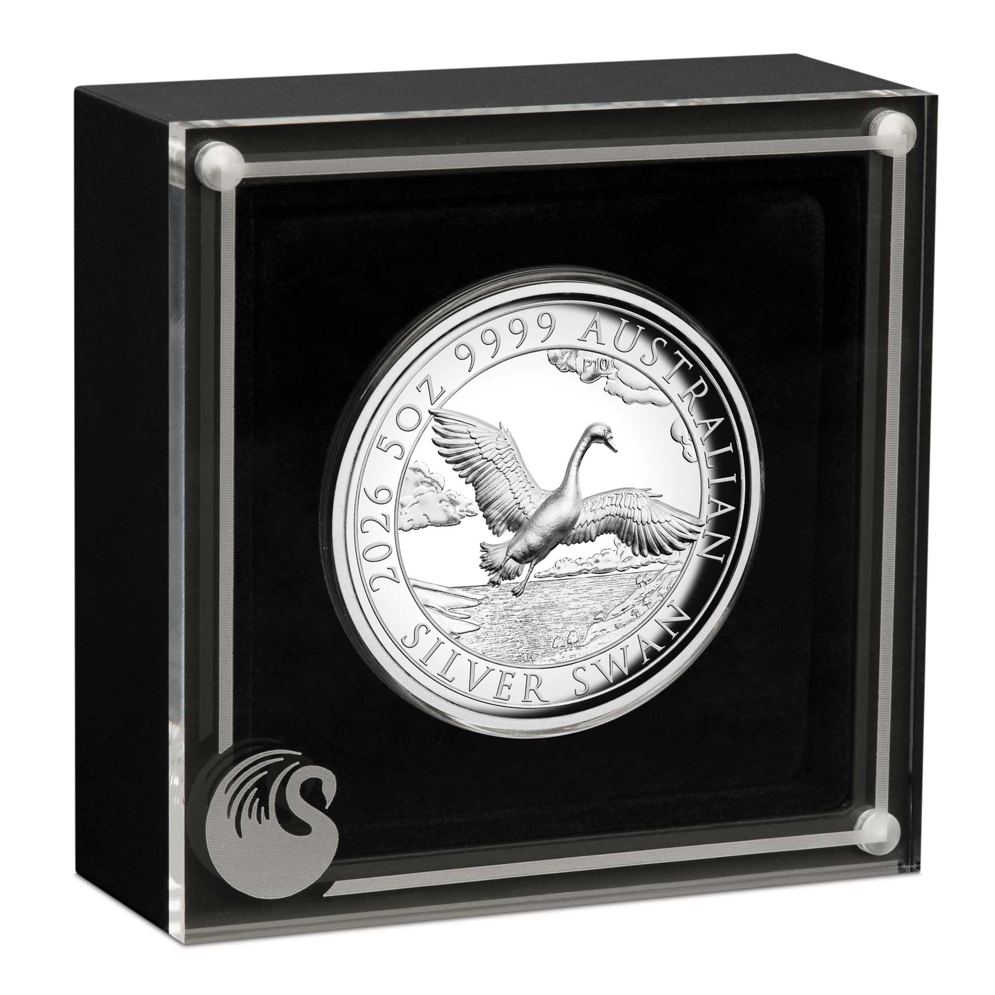 04 3850 Australian Swan 2026 5oz Silver Proof HR Gilded Coin in case HR