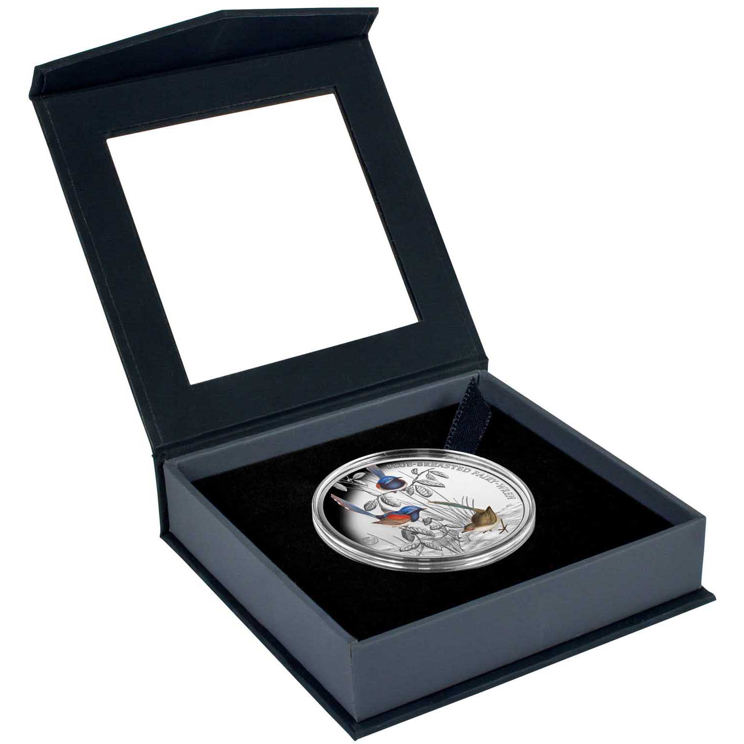 41824   Birds of Australia 2026 $1 Blue Brested Fairy Wren 1oz Silver Proof Coin Box Open Right