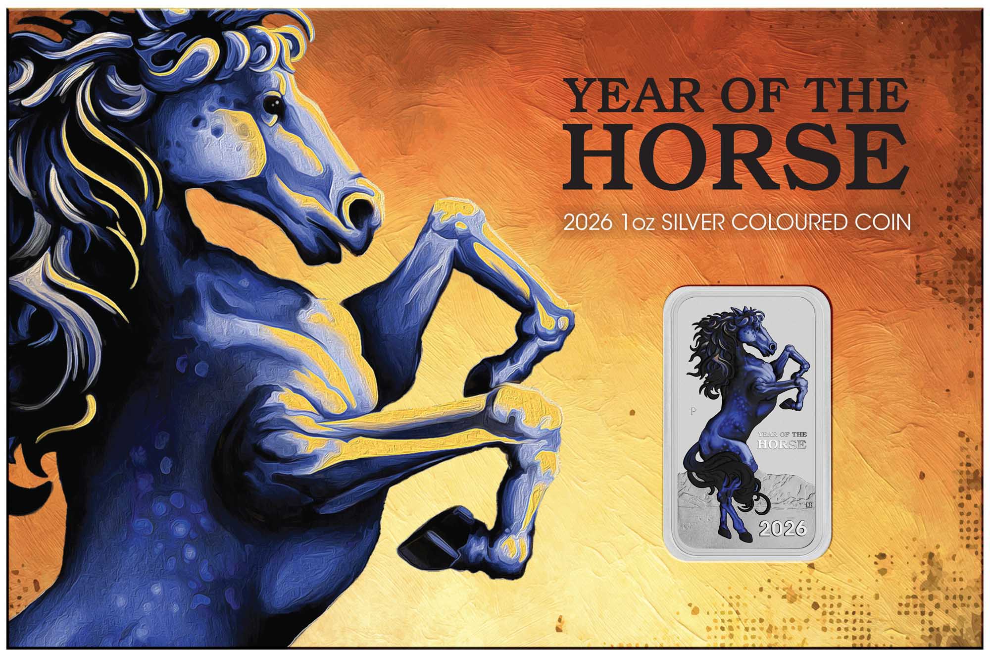 TRIM 3816 2026 Horse 1oz Silver Coloured Rectangle Coin In Card front HR