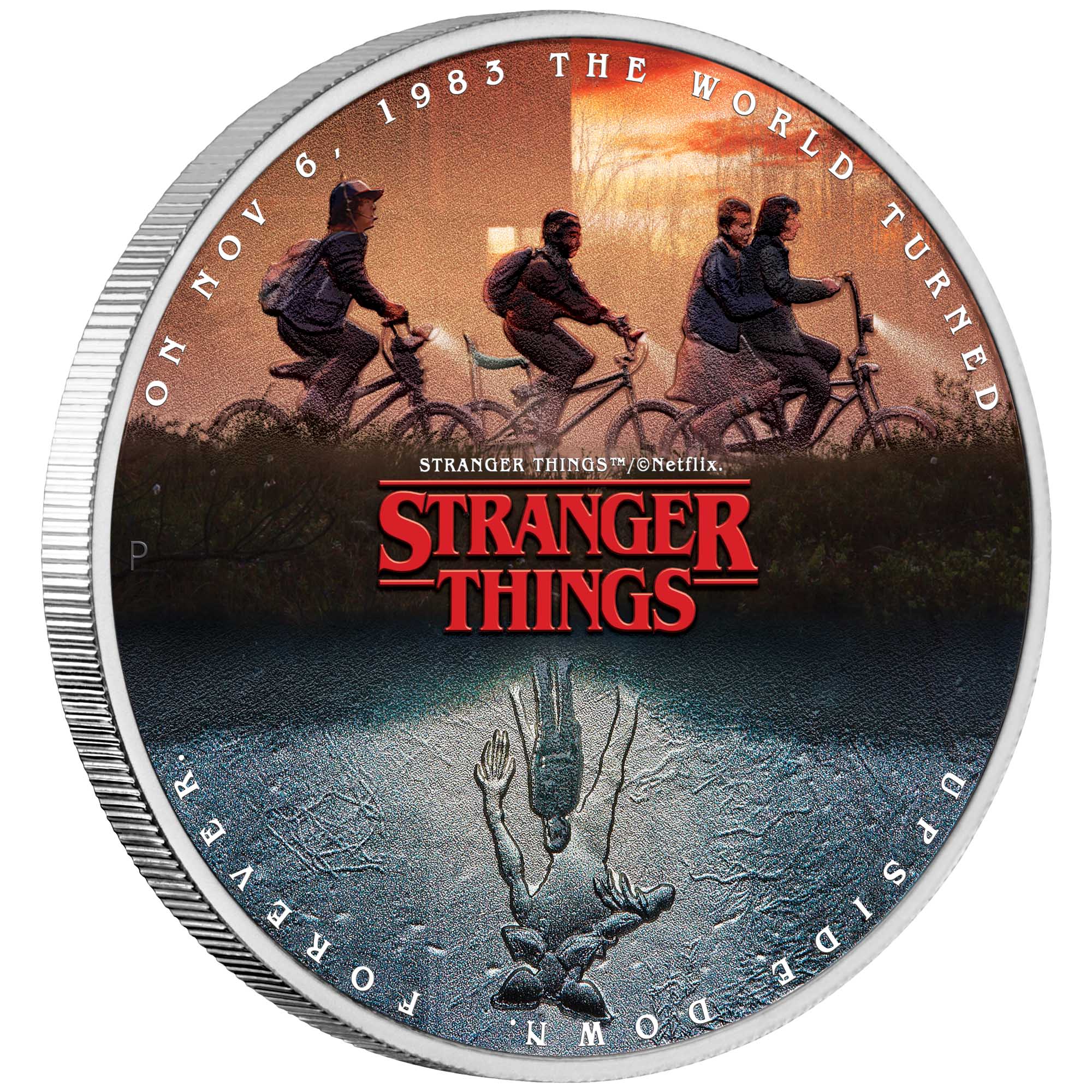 01 Stranger Things Upside Down 2026 1oz Silver Coloured Coin on edge HighRes