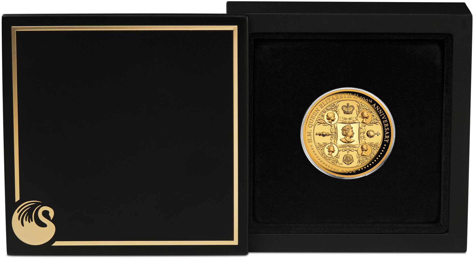 06 3921 HM QEii 100th Ann 2026 2oz Gold Proof HR Coin in case trim