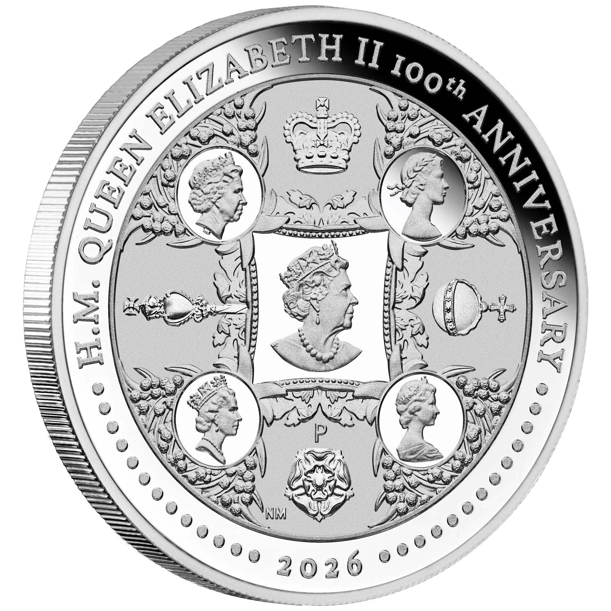 01 3921 HM QEii 100th Ann 2026 1oz Silver Proof on edge HR