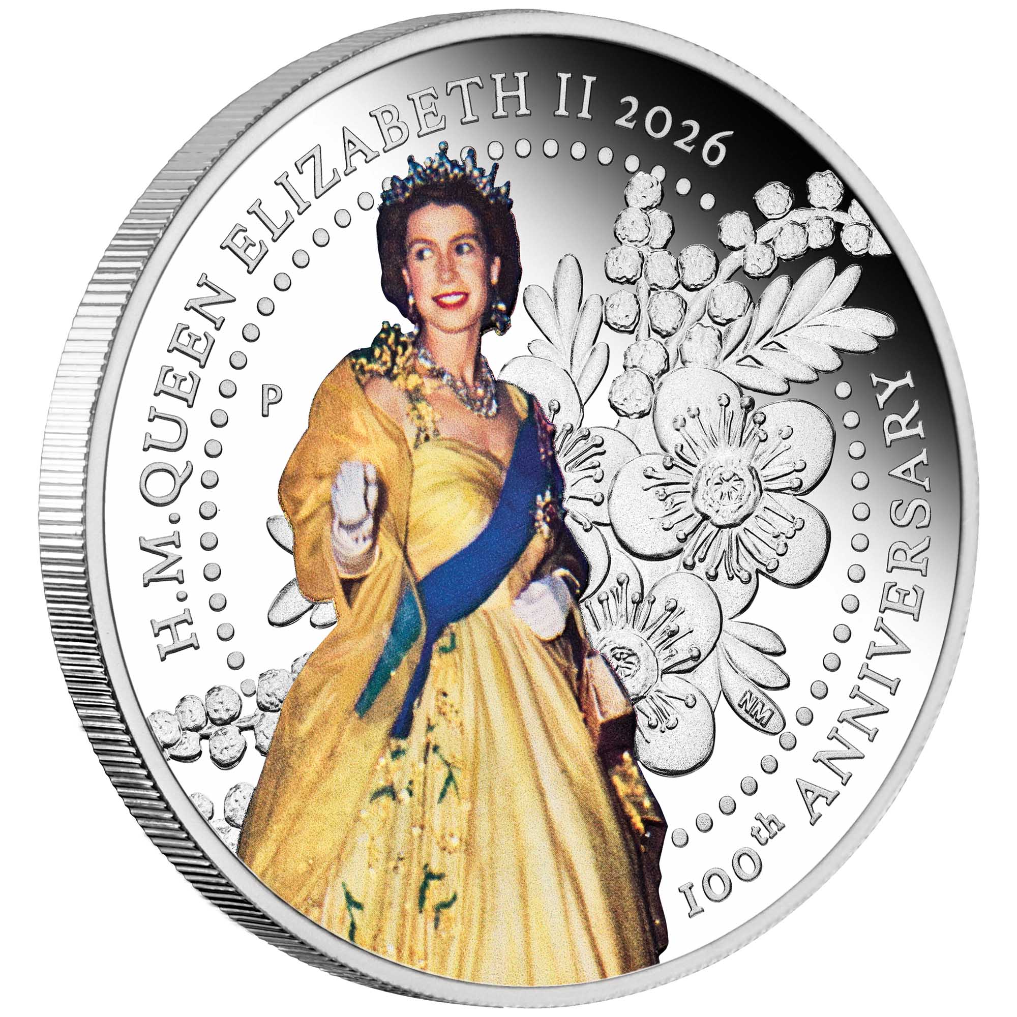01 3921 HM Queen Elizabeth 100th Ann Wattle Dress 2026 1oz Silver Proof Coin on edge HR
