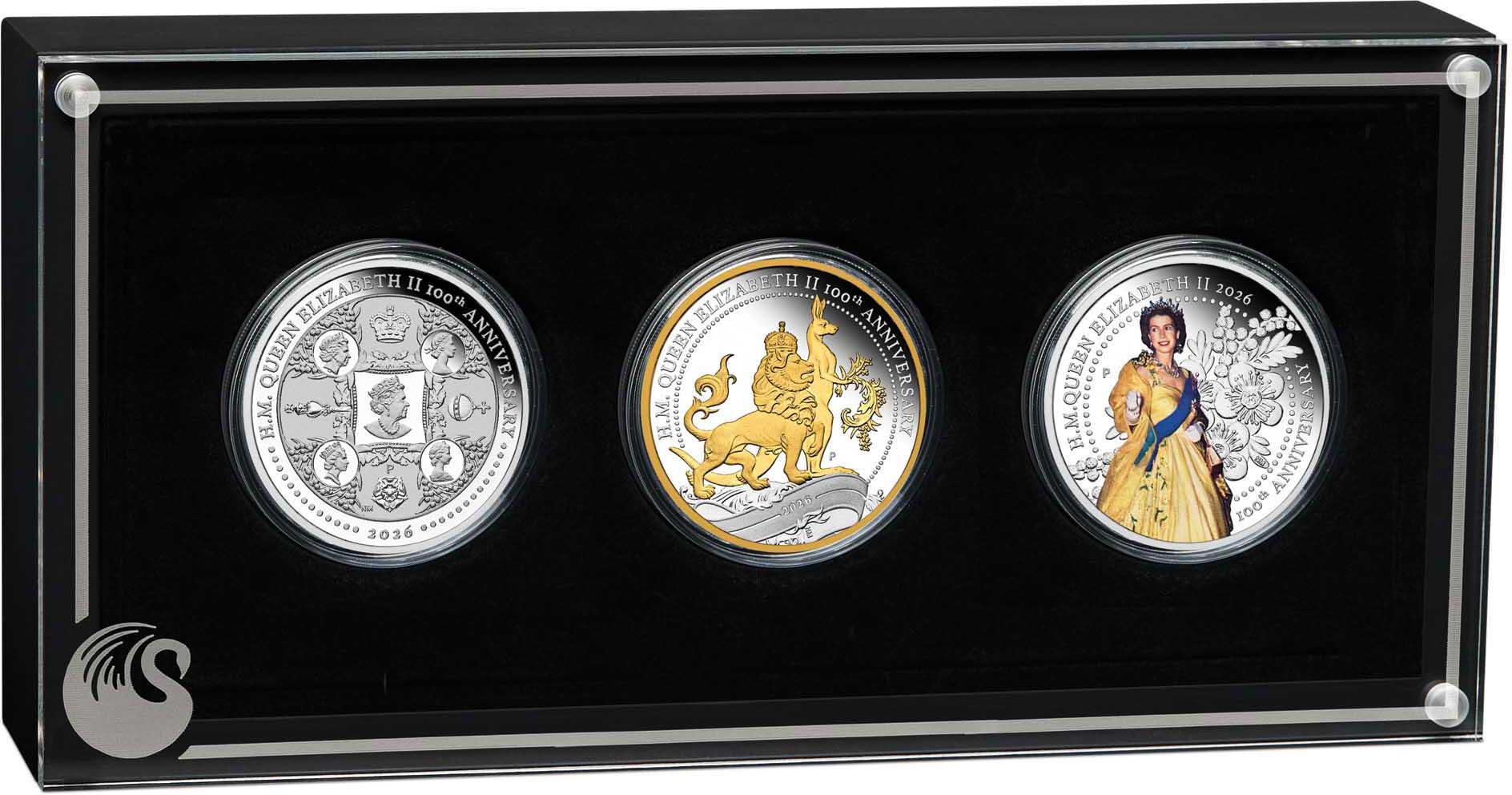 3921 HM Queen Elizabeth 100th Ann 2026 3 Coins Set in case HR trim