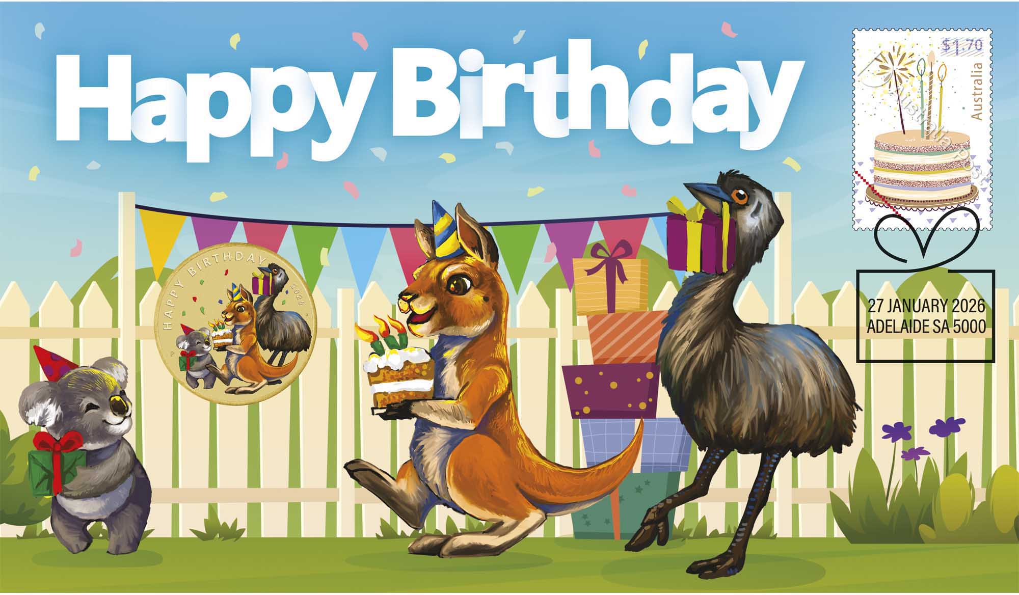 6 26V73AAD Happy Birthday 2026 Stamp and Coin Cover Cropped