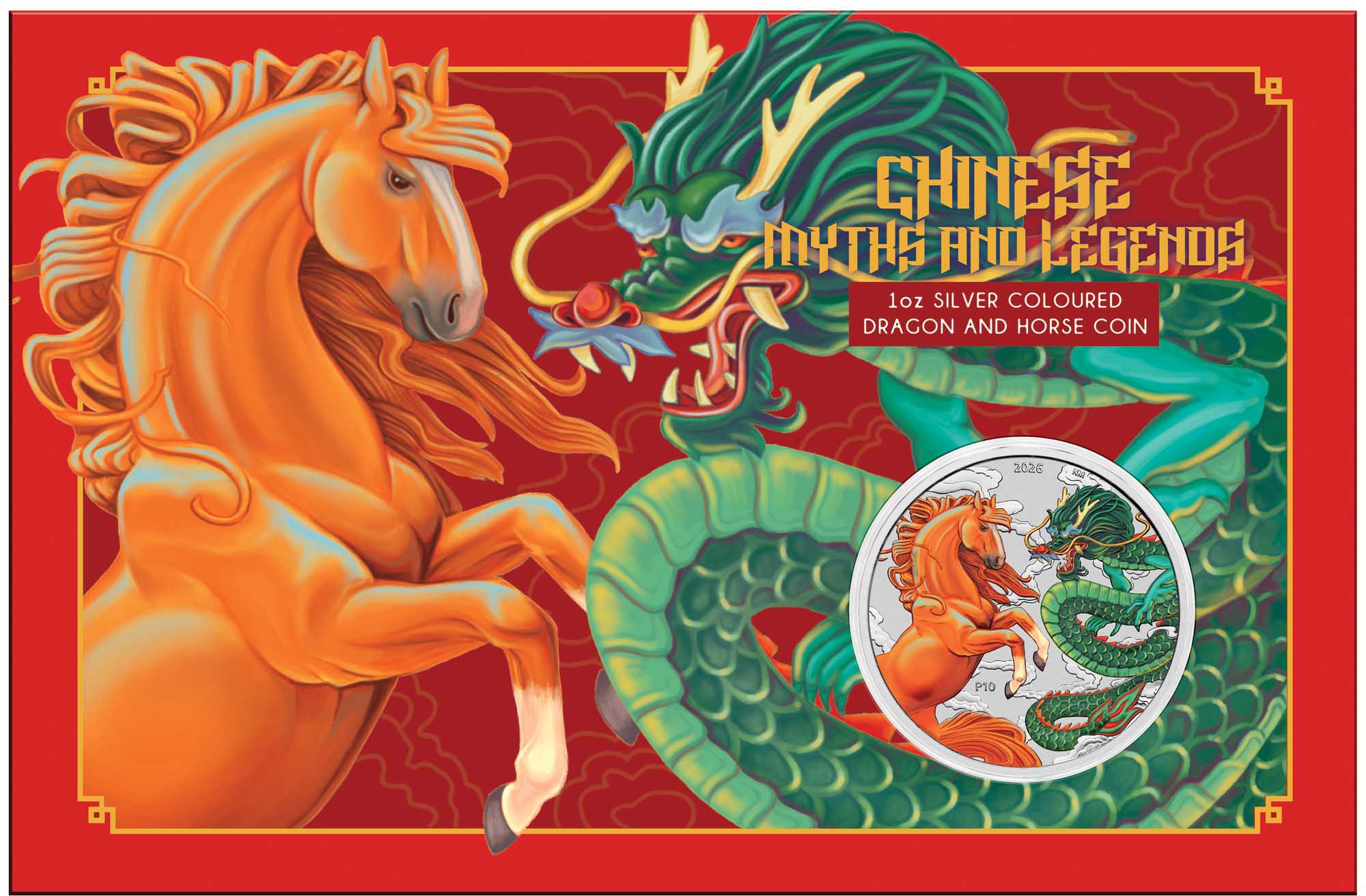 TRIM 3978 Dragon and Horse Green Red 2026 1oz Silver Coloured Coin In Card Reverse In Card Front HR