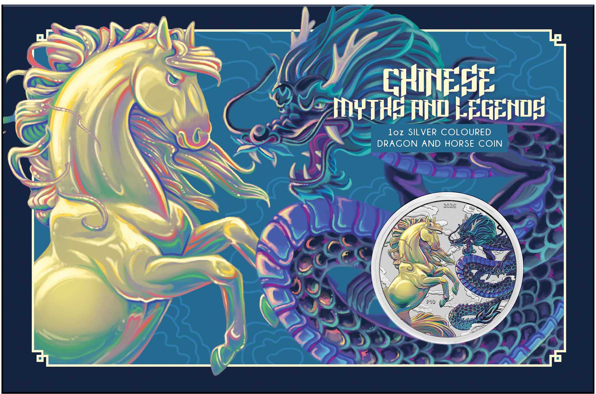 TRIM 3978 Dragon and Horse Opalite 2026 1oz Silver Coloured Coin In Card Reverse In Card Front HR