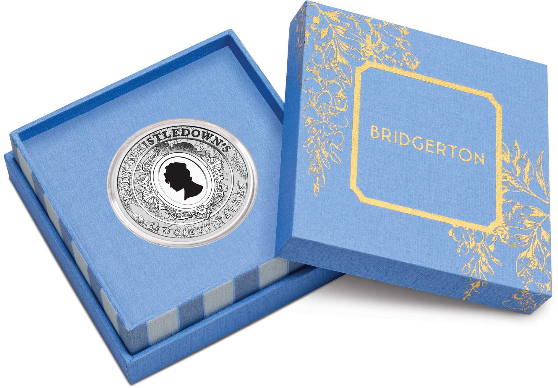 06 3942 Bridgerton Lady Whistledown 2026 1oz Silver Coloured Coin in case CROPPED