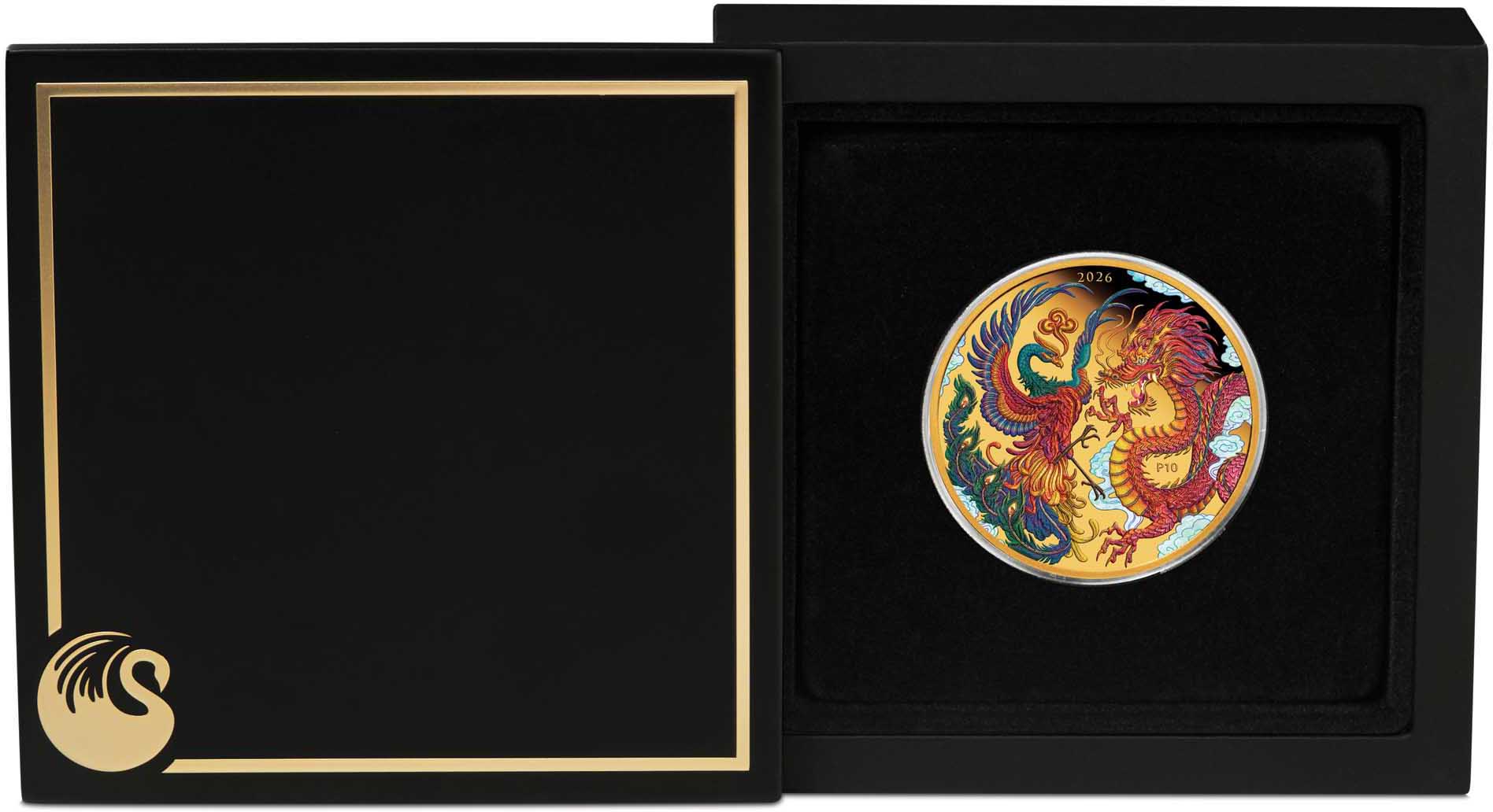 06 4049 Dragon N Phoenix 2026 1oz Gold Proof Coloured Coin in case trim