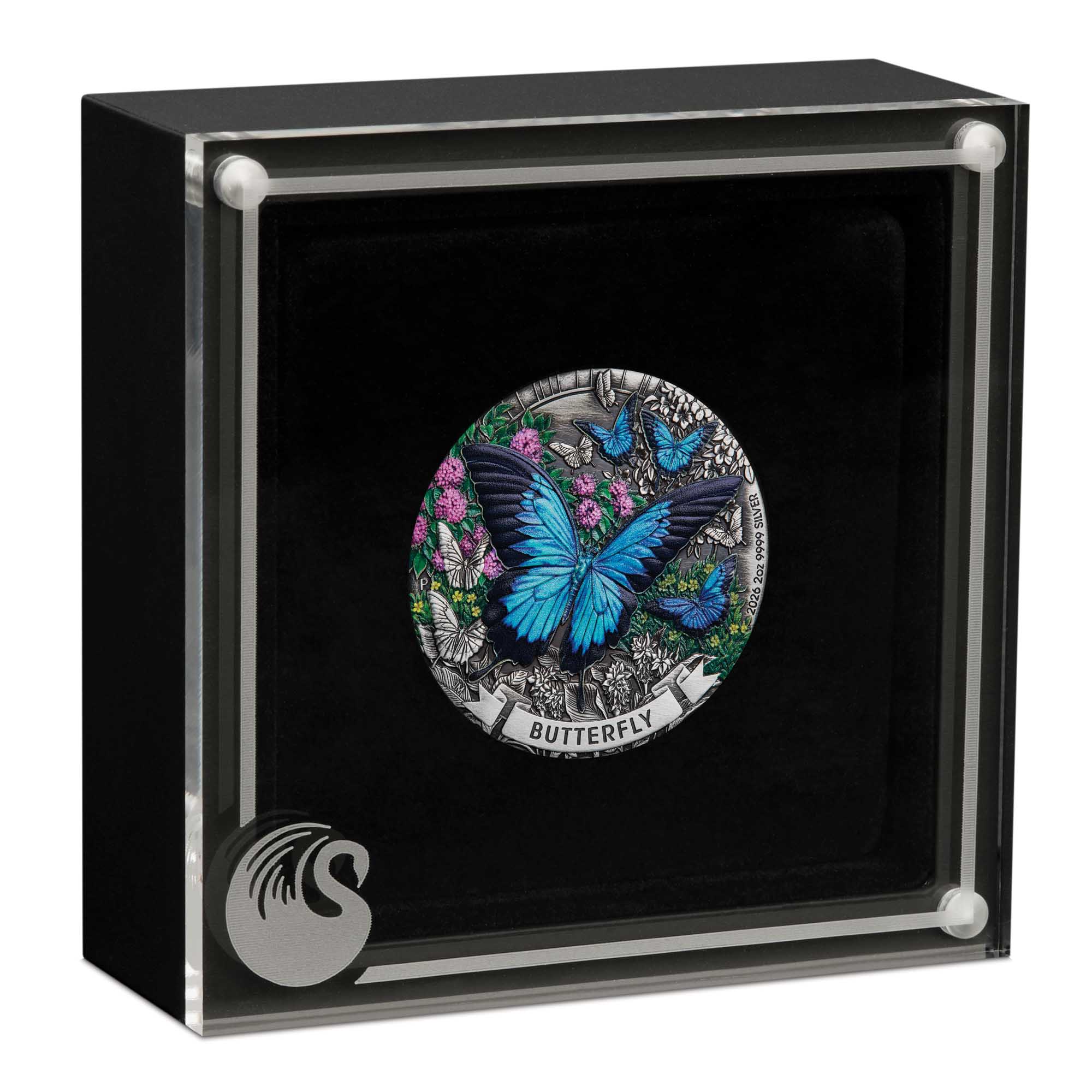 04 4060 Butterfly 2026 2oz Silver Antiqued Coloured Coin in case HighRes