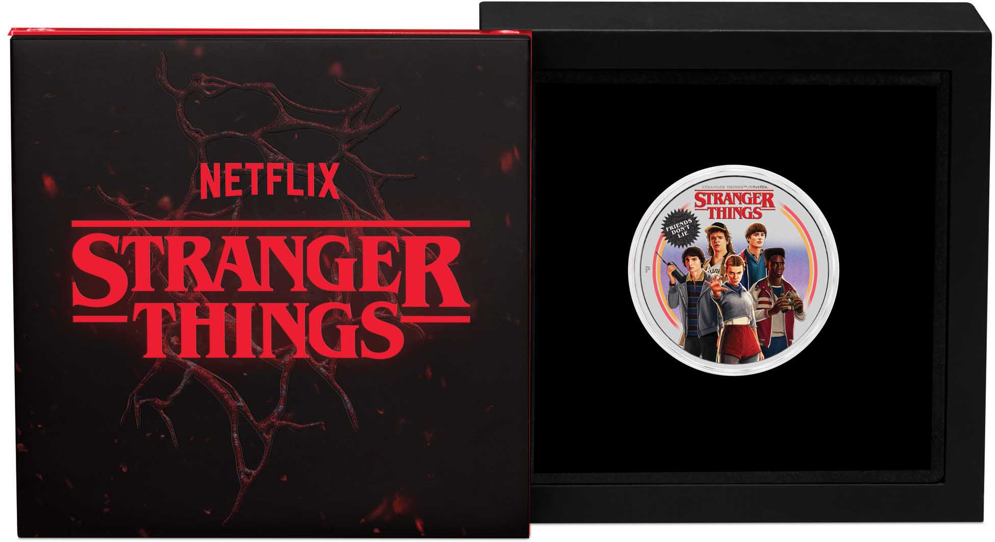 TRIM Stranger Things Friends Don’t Lie 2026 1oz Silver Coloured Coin In Case
