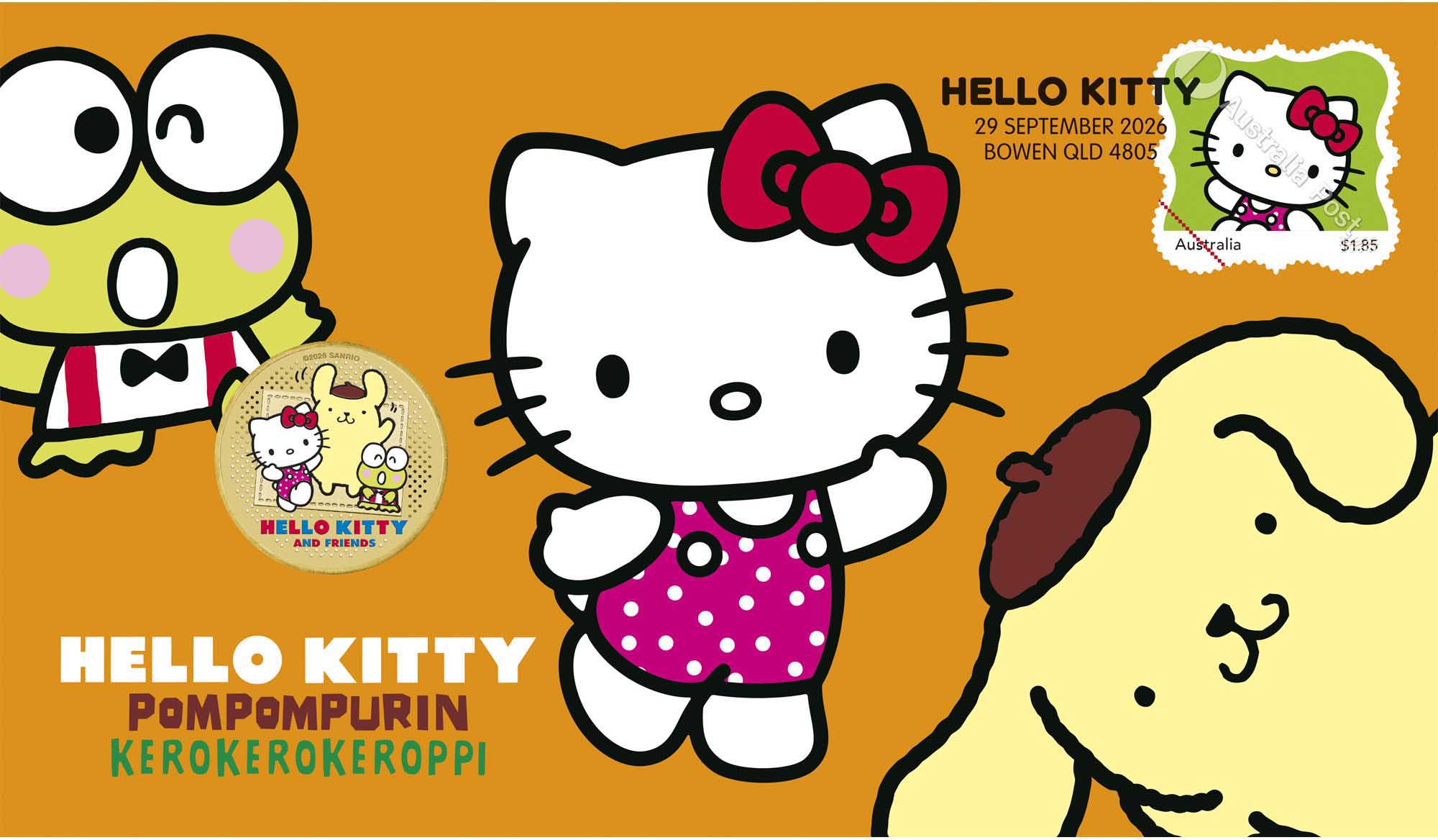 6 26Y78DAD Hello Kitty PomPom Keroppi 2026 Stamp and Coin Cover EnvTrim