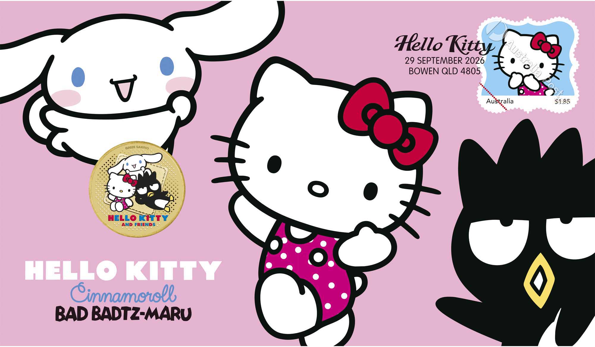 6 26Y78EAD Hello Kitty Cinna Badtz Maru 2026 Stamp and Coin Cover EnvTrim