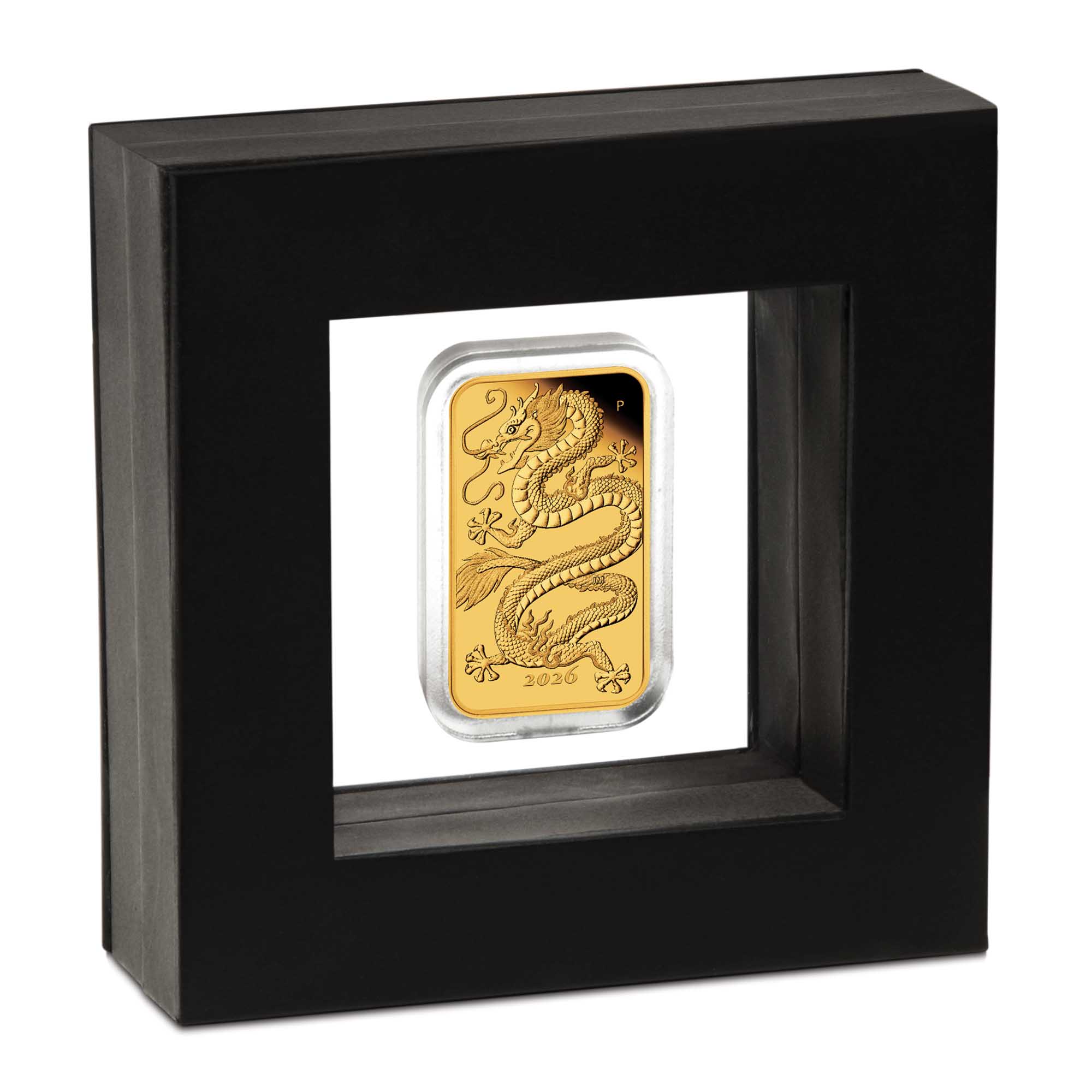 09 4089   Dragon 2026 1oz Gold Proof Rectangle Coin in case HighRes