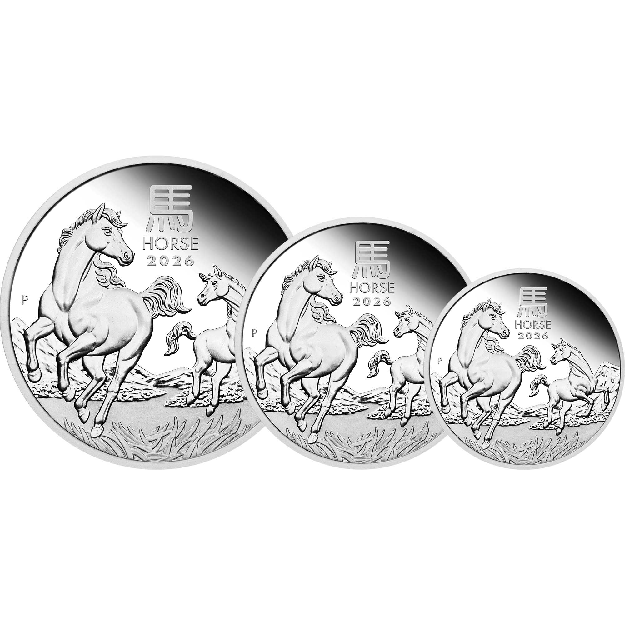 03 2026 Lunar Series III YOT Horse Silver Proof Coin Three Coin Set StraightOn HighRes