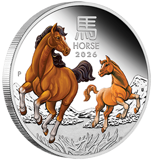2026 Lunar Series III YOT Horse 1oz Silver Proof Coloured Coin on edge TranspBG