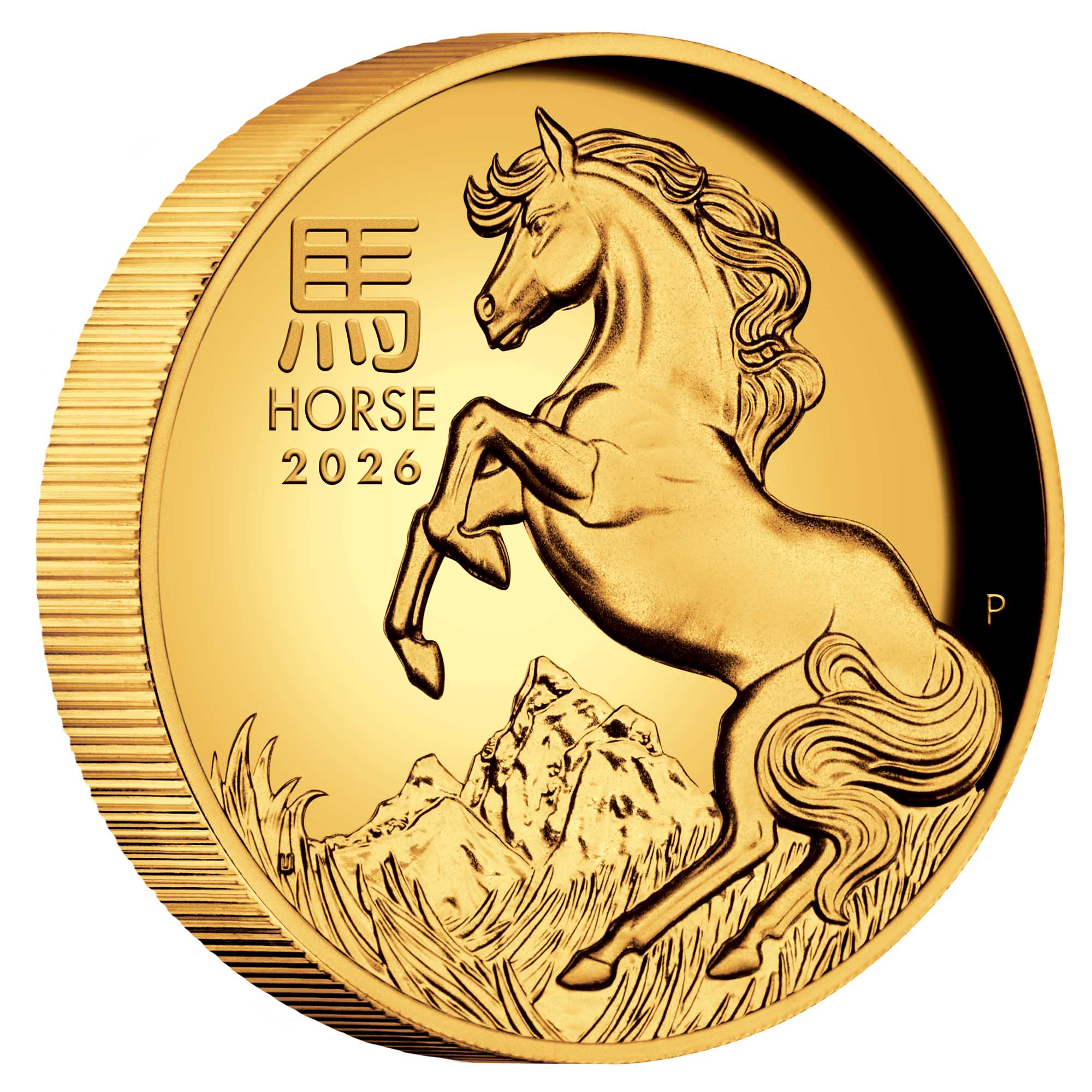 01 2026 Lunar YOT Horse 1oz Gold Proof High Relief Coin on edge HighRes