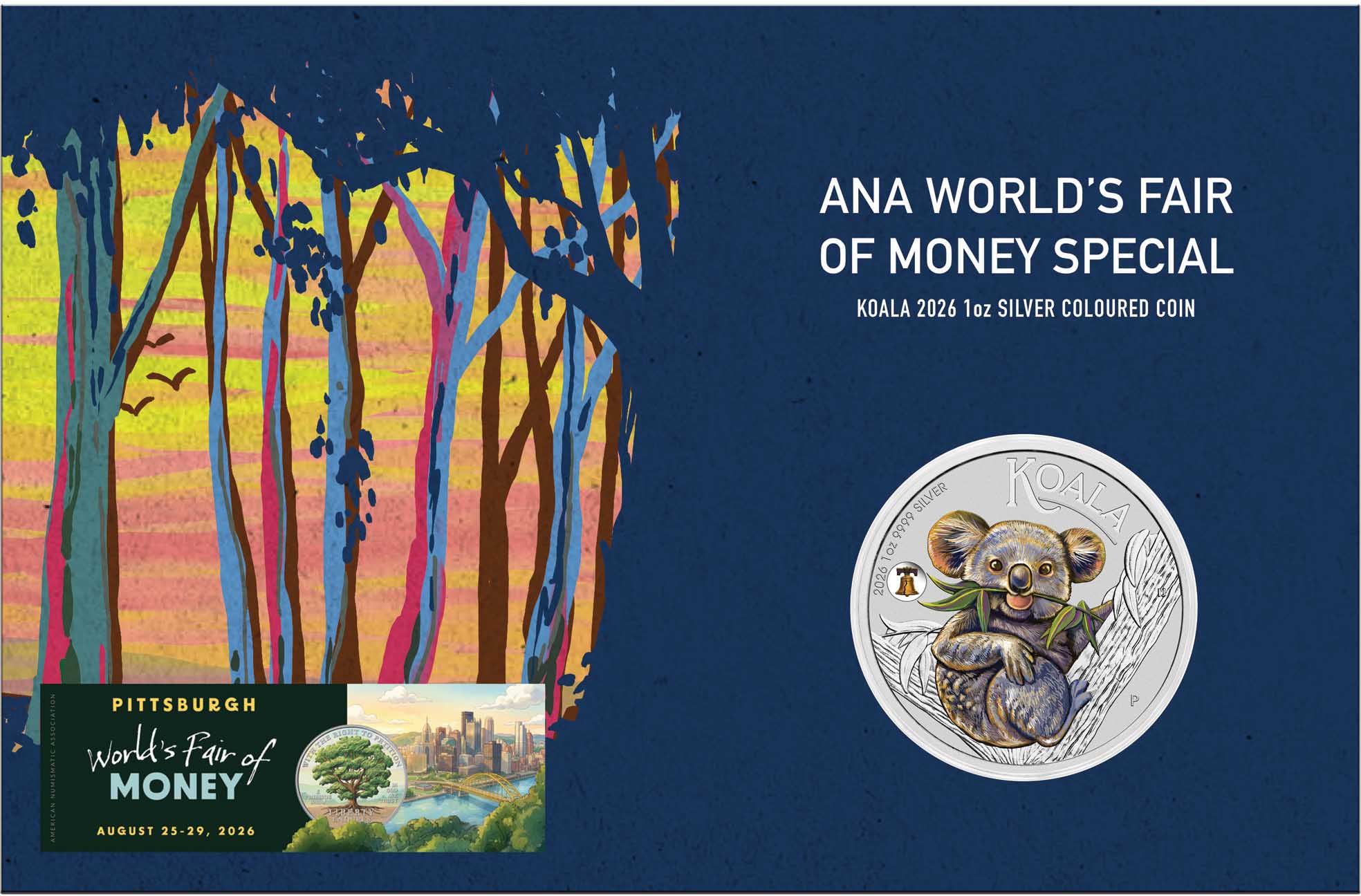 TRIM 4027 ANA Show Special 2026 Australian Koala 1oz Silver Coloured Coin with Liberty Bell Privy In Card Reverse In Card Front