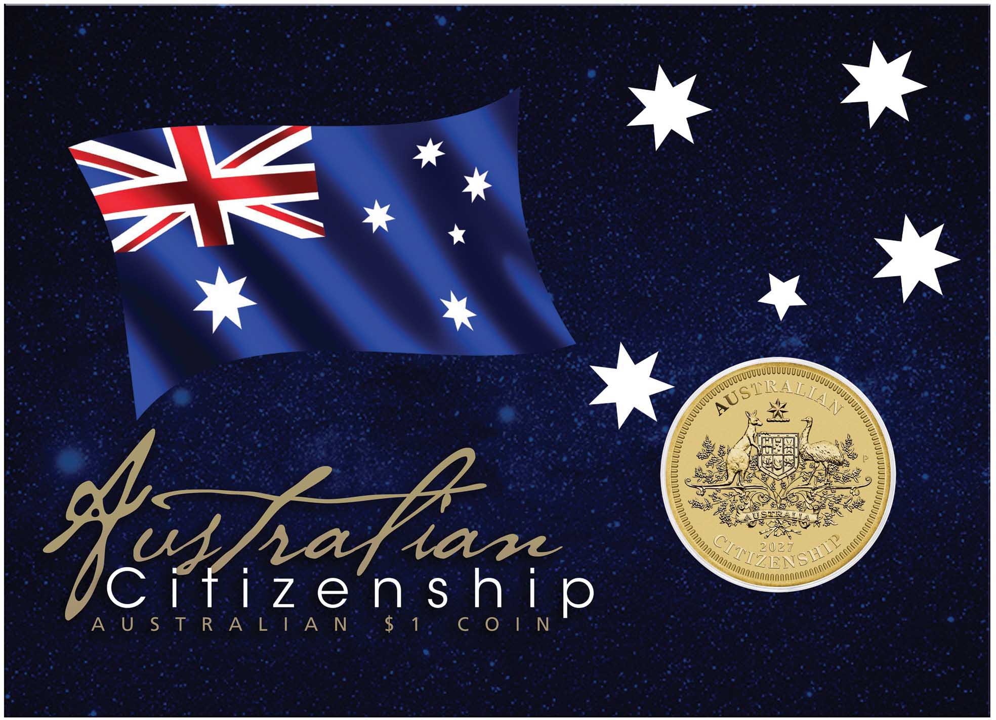 06 3953 Australian Citizenship 2027 $1 Base Metal Coin In Card in card Front trim