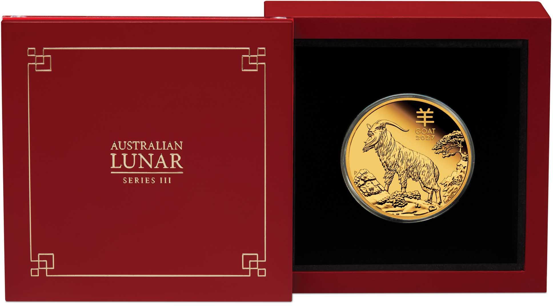 08 ALS3 YOT Goat 2027 1oz Gold Proof Coin in case trim