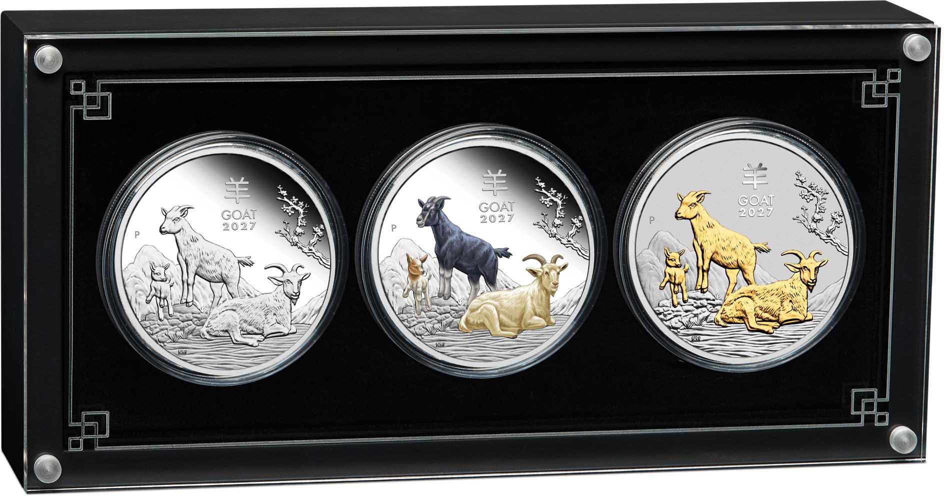06 ALS3 YOT Goat 2027 Silver Proof Three Coin Set in case trim