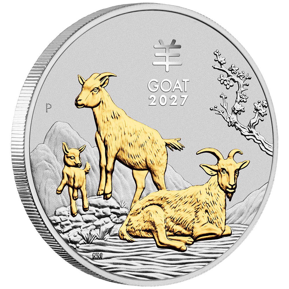01 3990   Lunar Series III YOT Goat 2027 1oz Silver Gilded Coin On Edge HighRes